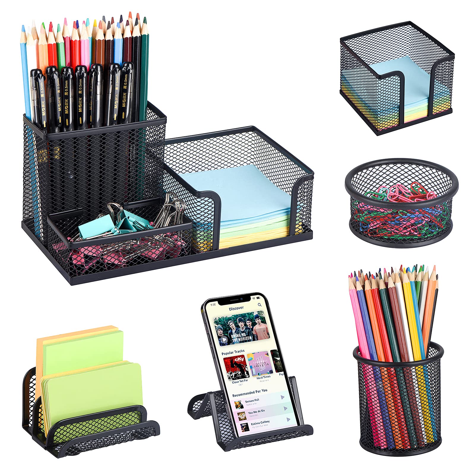 6-Piece Mesh Desk Organizer Set with 3 Compartments - Pen Holder, Mail Organizer & Letter Tray for Home Office Supplies - Black Desktop Storage Baskets (Perfect for Organizing Stationery, Documents & Office Accessories)
