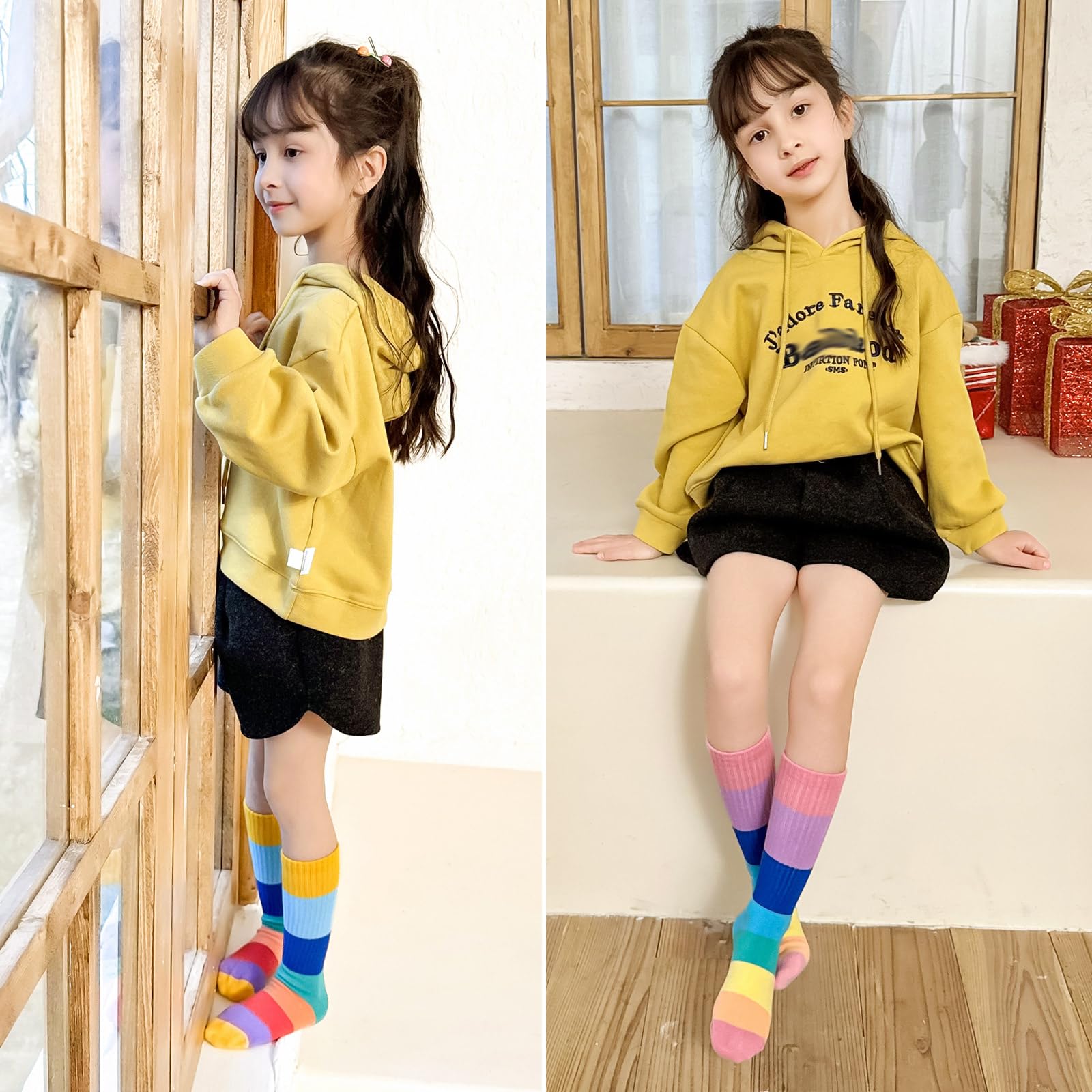 MINI PANDA 8 Pairs Girls Crew Socks - Colorful Rainbow Striped Cotton Socks for School, Sports & Everyday Wear