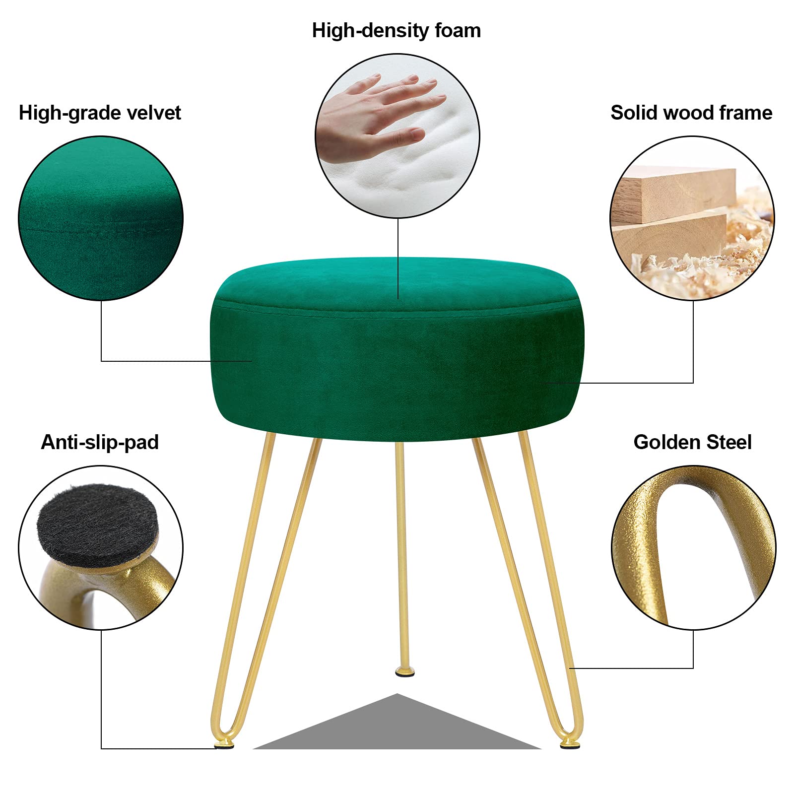 GERANT Velvet Round Ottoman Stool - Multifunctional Upholstered Footrest & Side Table with Golden Metal Legs - Modern Dressing Stool for Living Room, Bedroom, Vanity (Teal) | Perfect for Makeup Area, Reading Nook & Lounge Seating
