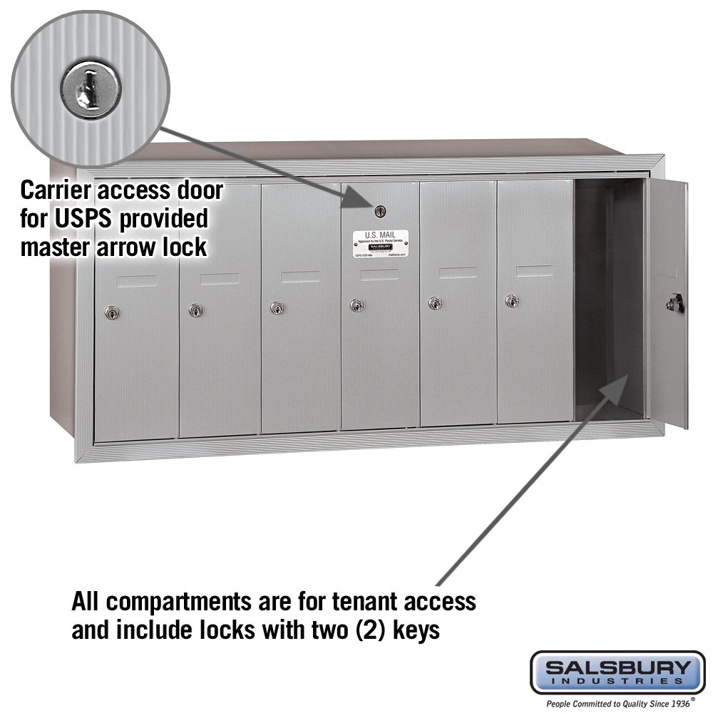 Salsbury Industries 3507ARU Recessed Mounted Vertical Mailbox with 7 Doors - USPS Approved Aluminum Mailbox for Apartment Buildings & Multi-Unit Complexes