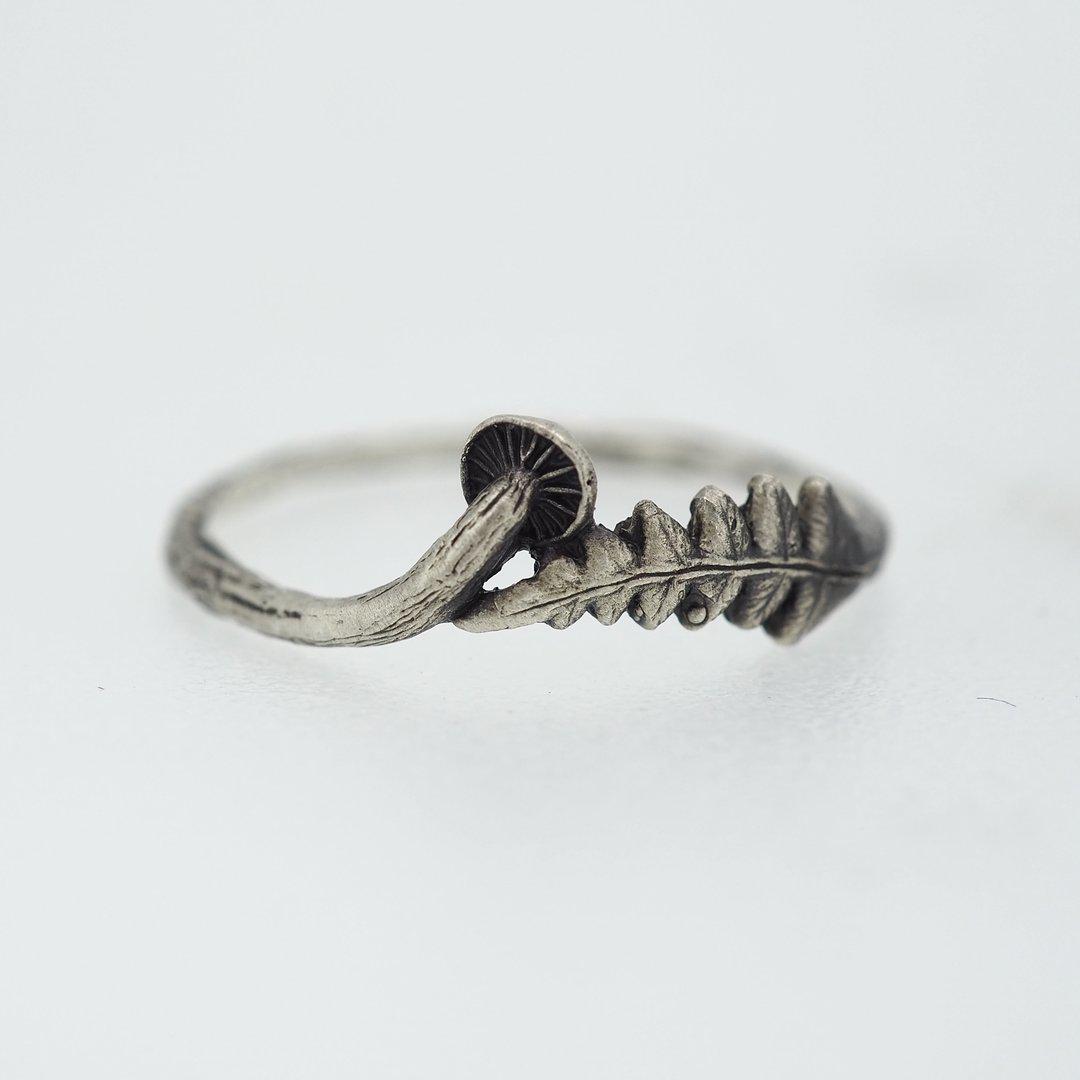Delicate Tiny Fern and Mushroom Silver Ring - Dainty Botanical Jewelry for Women - Perfect for Nature Lovers, Boho Style, and Everyday Wear