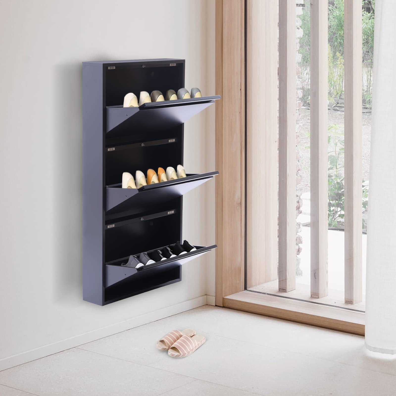 3 Drawer Wall Mounted Shoe Storage Cabinet - No Assembly Metal Shoe Organizer for Entryway, Hallway & Corridor | Holds 9 Pairs of Shoes | Space Saving Grey Cabinet for Small Apartments & Closet Organization