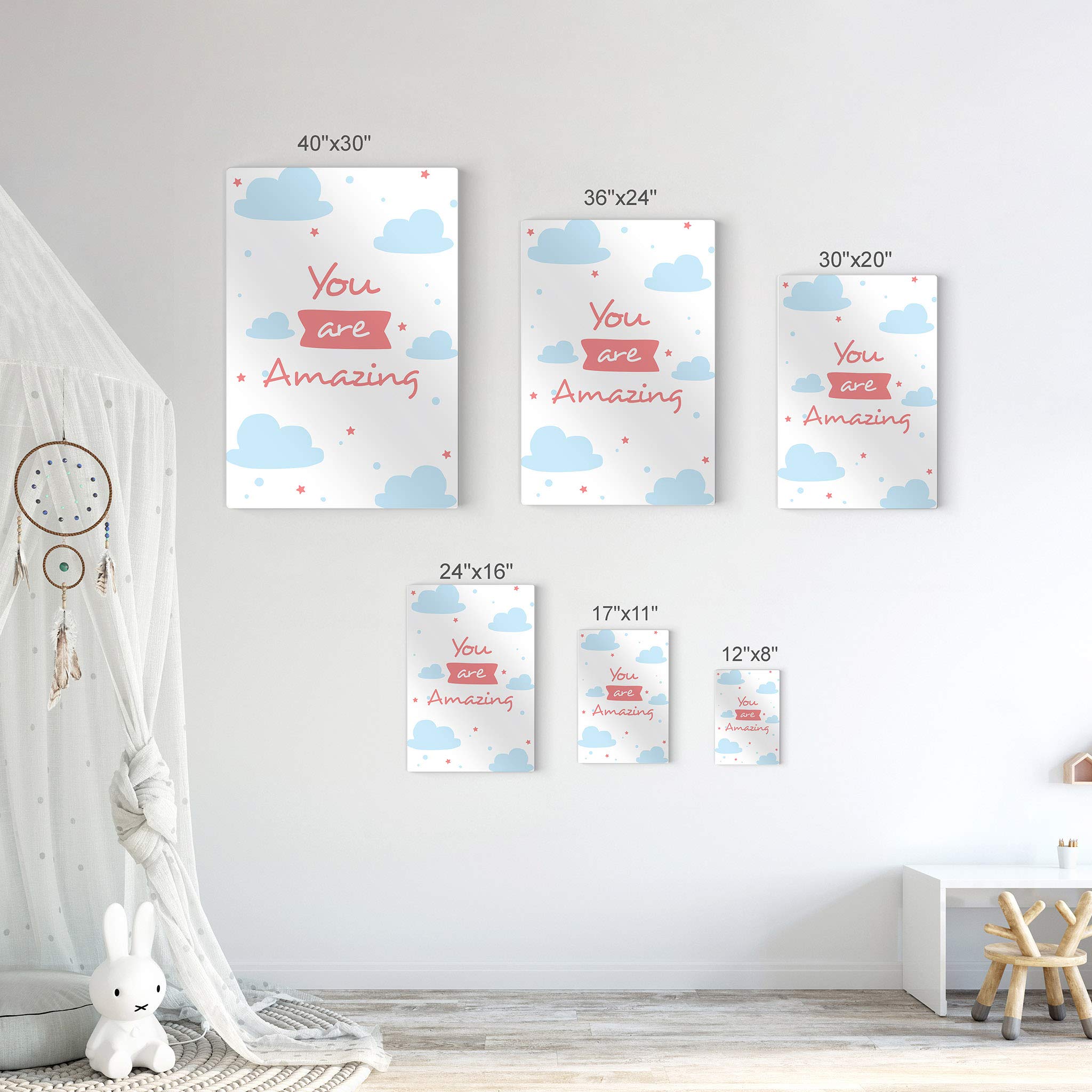 You Are Amazing Lettering Blue Clouds White Background Metal Print - 40x30 Inch Kids Room Decor, Nursery Wall Art, Baby Room Decor | Made in USA | Perfect for Bedrooms, Playrooms & Gift Ideas