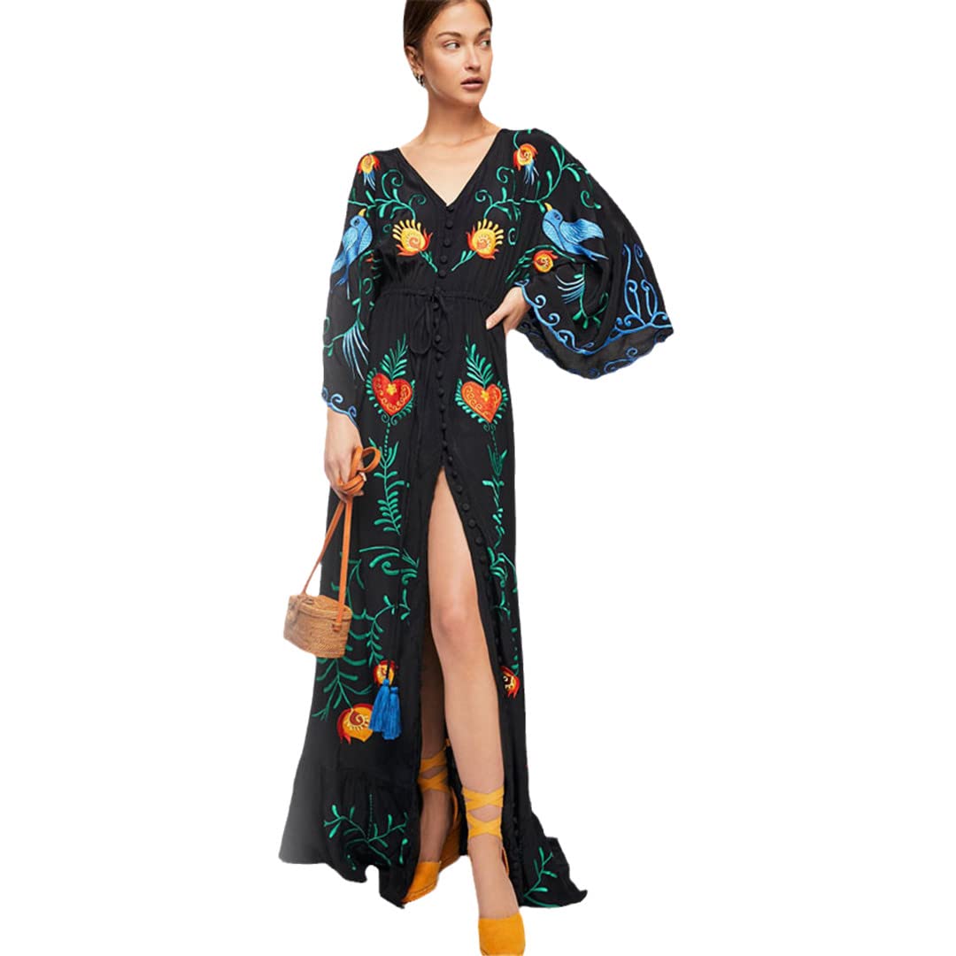 Boho Summer Maxi Dress - Floral Embroidered Loose Vintage Beach Dress with Fringe for Women | Perfect for Island Vacations, Travel & Casual Outings