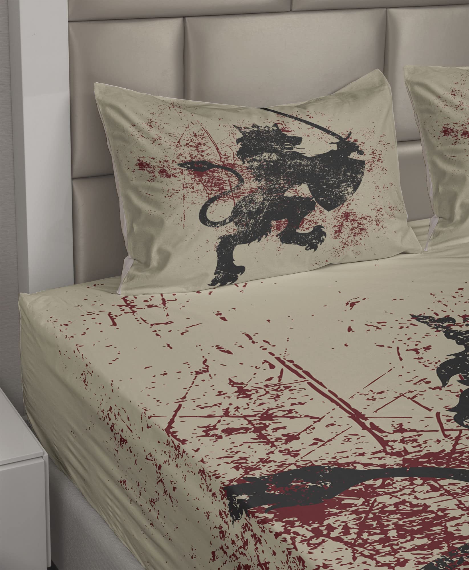 Ambesonne King Sheet Set - Fantasy Lion Courage with Armor & Shield on Grunge Backdrop, 4-Piece Bedding Set (Fitted Sheet, Flat Sheet, 2 Pillowcases) - Queen Size, Black White & Burgundy - Perfect for Themed Bedrooms, Game Rooms & Lion Lovers