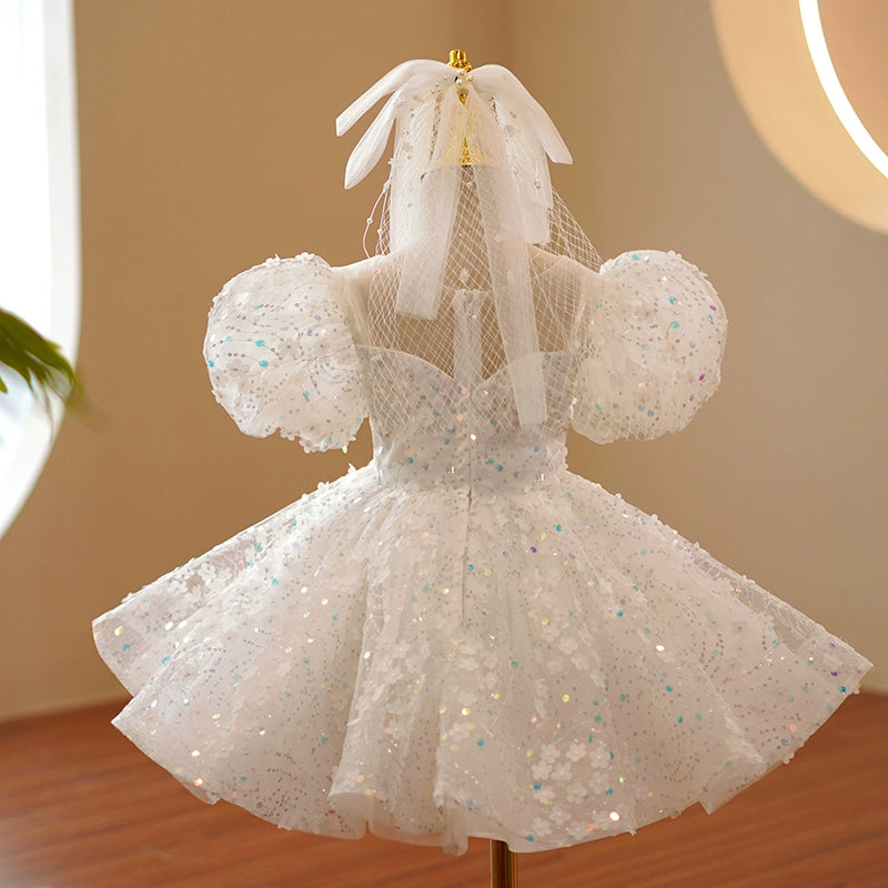 Princess Sweetheart Tea Length Organza Flower Girl Dress in White - Perfect for Weddings, Bridal Showers & Special Occasions