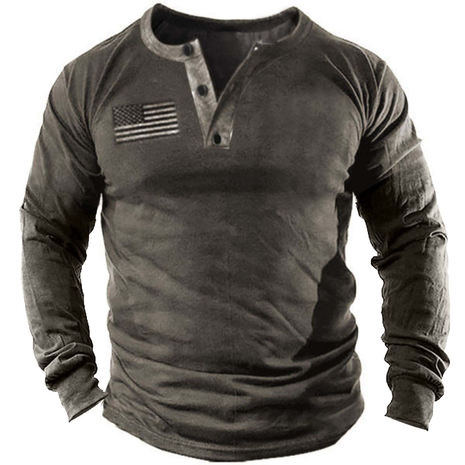 Men's Patriotic Tactical Military Henley Shirt - Short Sleeve Casual Button Up T-Shirt for Outdoor, Hiking & Army Style Fashion