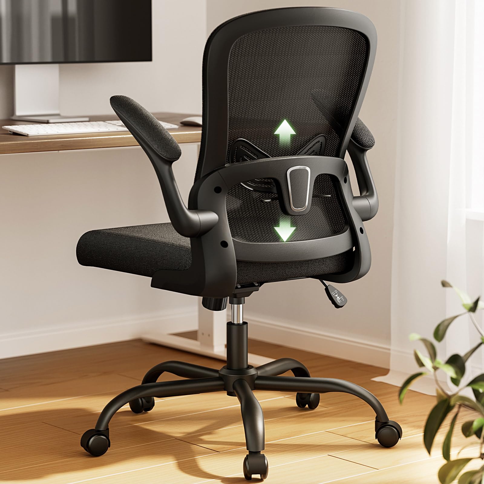 Ergonomic Mesh Office Chair with Adjustable Lumbar Support - Swivel Computer Desk Chair with Flip-Up Armrests for Home & Office Use - Black (Ideal for Long Work Hours, Gaming, and Remote Work)