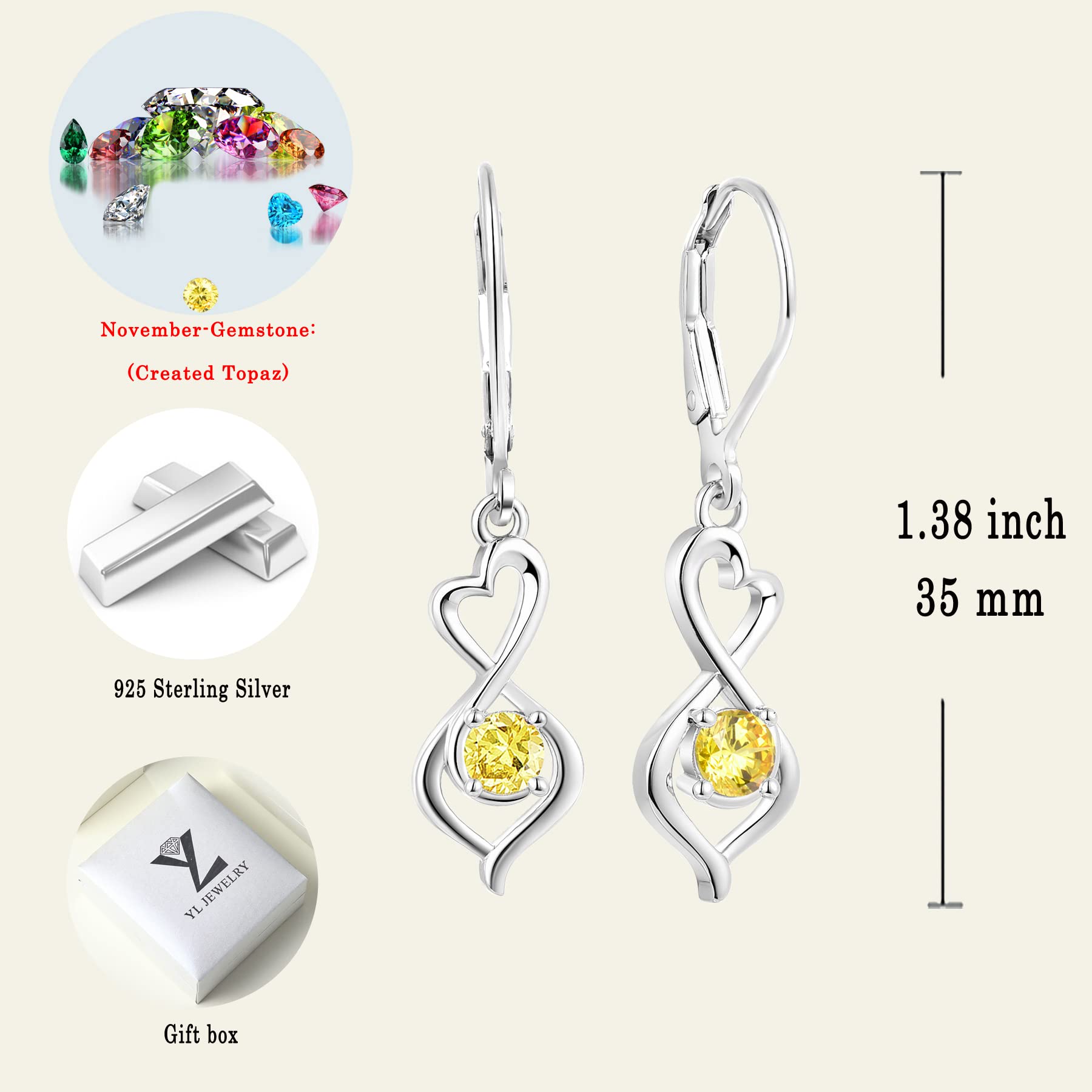 YL 925 Sterling Silver Infinity Heart Dangle Drop Earrings with Birthstones - Romantic Leverback Twisted Jewelry for Women, Perfect for Valentine's Day Gifts, Anniversary Presents & Date Night Accessories