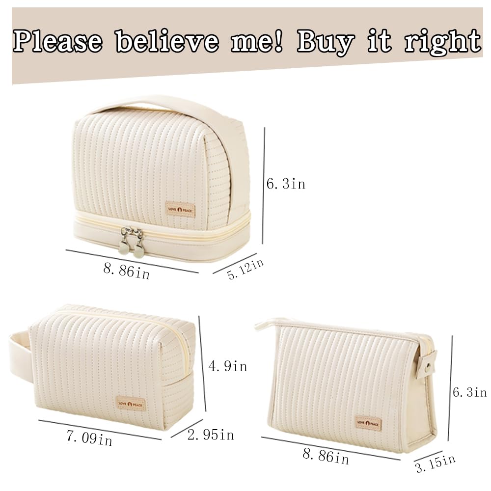 Waterproof Leather Cosmetic Bag Set of 3 - Cute Travel Makeup Organizer with Handle & Zipper for Women | Portable Toiletry Bags for Travel, Gym & Daily Use (Off-White)