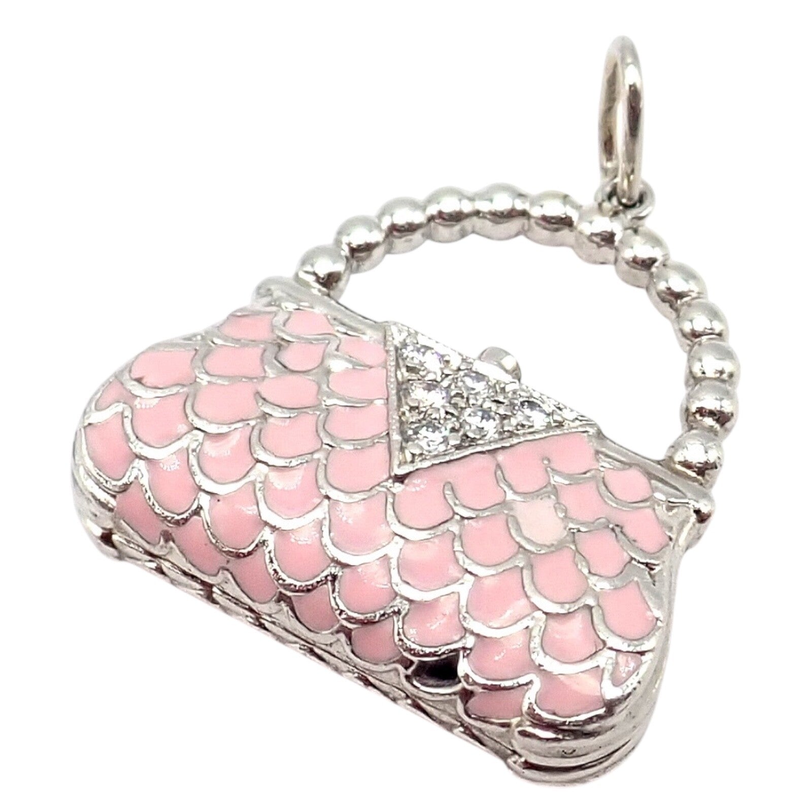 Tiffany & Co. Platinum Pink Enamel Diamond Handbag Charm Pendant - Elegant Jewelry Accessory for Luxury Bags & Purses