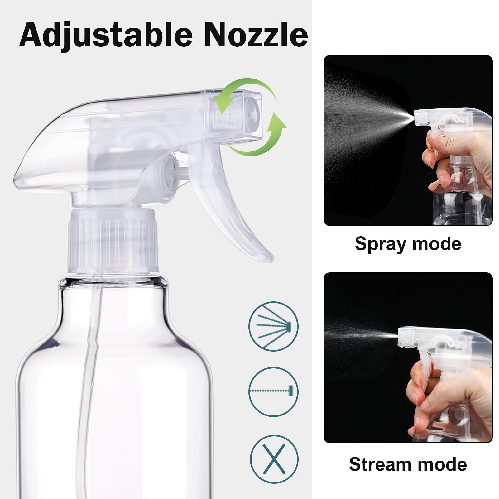 3 Pack 10oz/300ml Heavy Duty Plastic Spray Bottles - Empty Clear Spray Bottles for Cleaning Solutions, Essential Oils, Hair Care & Cooking - Fine Mist & Stream Nozzle for Home, Kitchen, Garden & DIY Projects