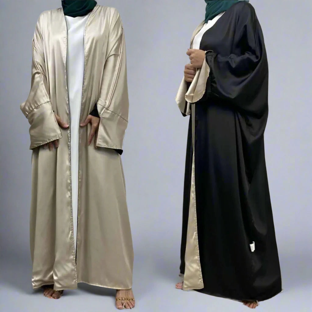 Reversible Satin Batwing Sleeve Farasha Cardigan Open Abaya Dress for Women - Elegant Muslim Abaya Dress for Prayer, Wedding & Special Occasions