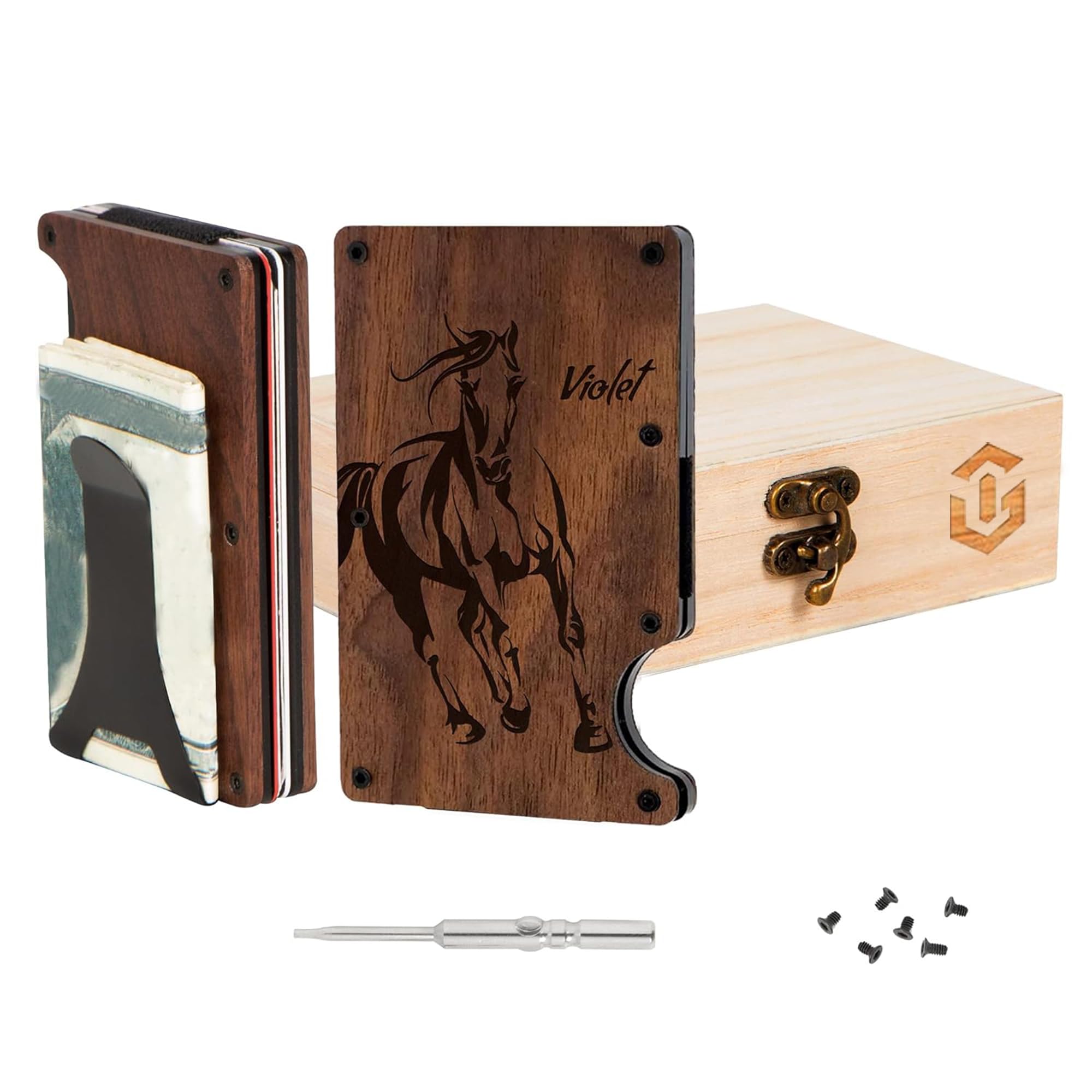 Personalized RFID Blocking Wooden Slim Wallet for Men - Custom Engraved Leather Card Holder with Money Clip & Gift Box - Perfect for Boyfriend, Husband, Father's Day & Anniversary Gifts - Ideal for Travel, Business & Everyday Use (Horse Design, Walnut Finish)
