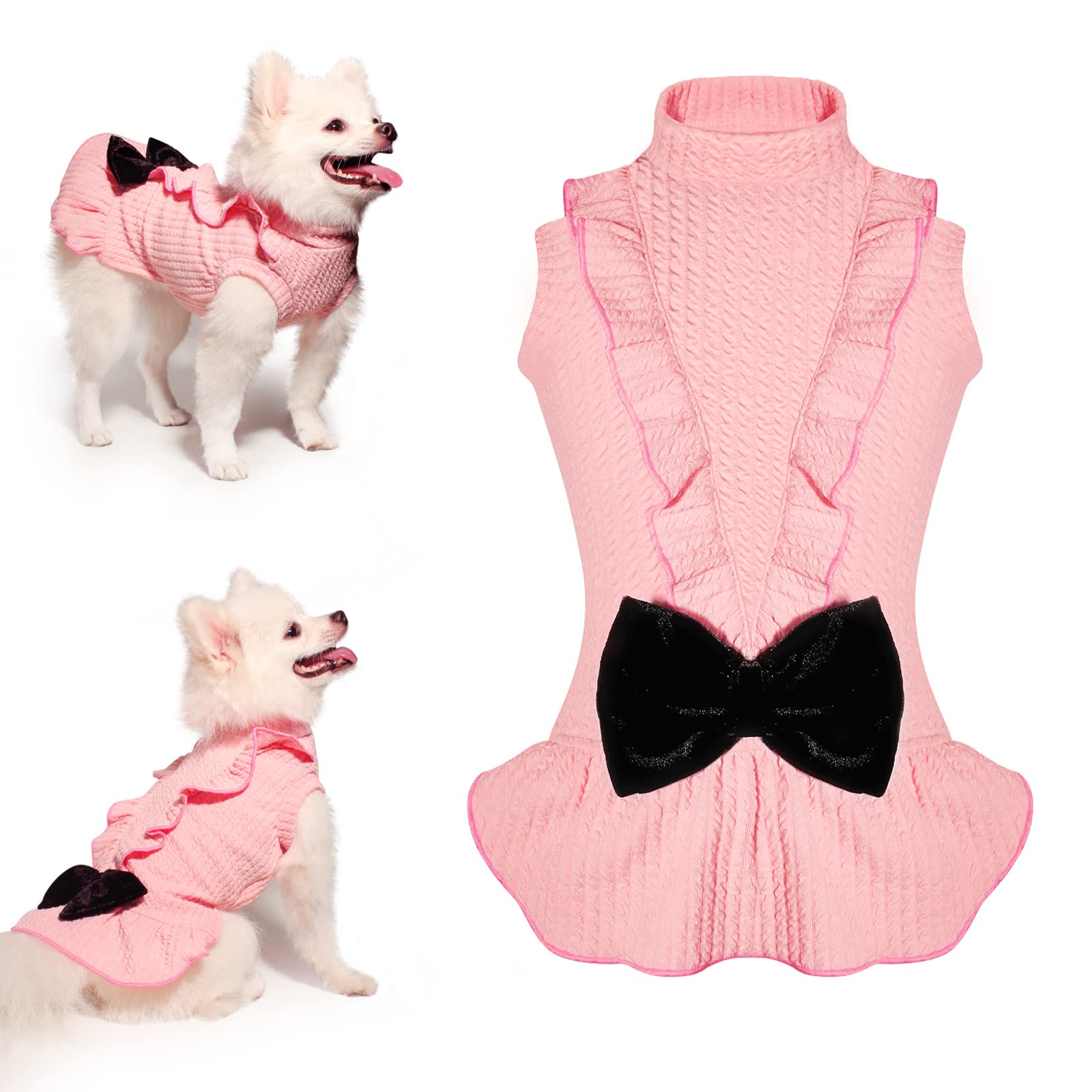 Dog Birthday Dress & Princess Outfit - Velvet Bowknot Turtleneck Skirt for Small Medium Dogs (Pink, XS) | Perfect for Birthday Parties, Photo Shoots & Special Occasions