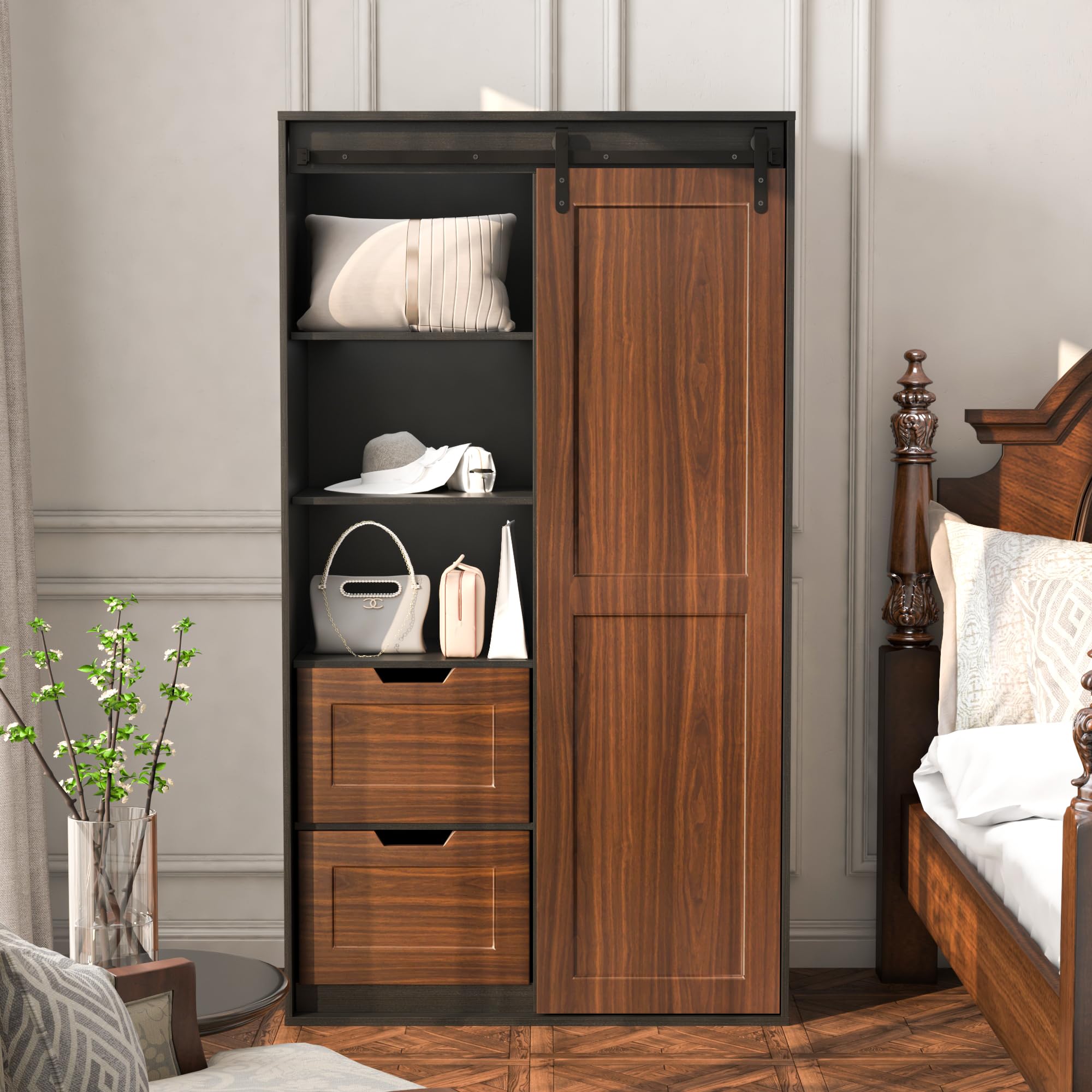 71 Inch Tall Wooden Armoire Wardrobe for Bedroom - Freestanding Closet Organizer with Hanging Rod, Barn Doors, Drawers & Open Shelves - Brown Finish - Perfect for Master Bedroom, Guest Room or Walk-in Closet Storage Solution