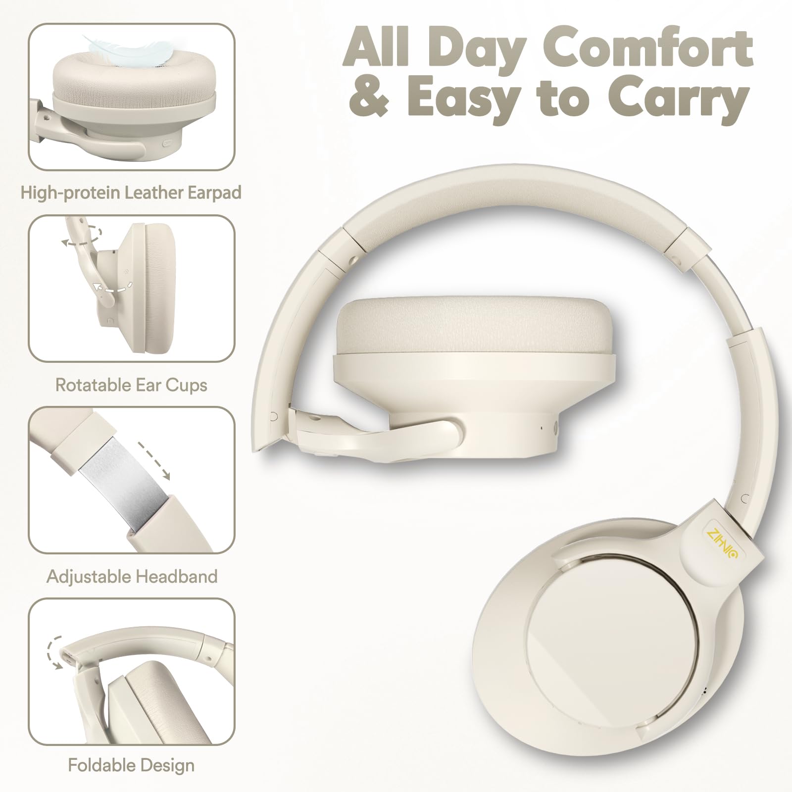 ZIHNIC Wireless Bluetooth Headphones with Active Noise Cancelling, 60H Playtime & Low Latency - Milky White | Perfect for Travel, Work & Gaming