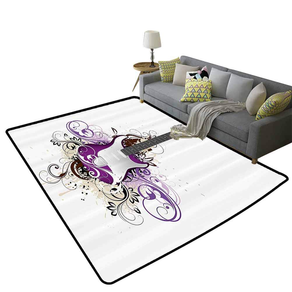 Rock Music Baby Play Mat - 6'x9' (180x270cm) Bass Guitar & Floral Design Rug for Nursery, Kids Room | Non-Slip Floor Decor for Music Lovers | Perfect Gift for Men & Toddlers | Purple & Light Grey | Great for Play Areas, Bedrooms & Music Themed Decor