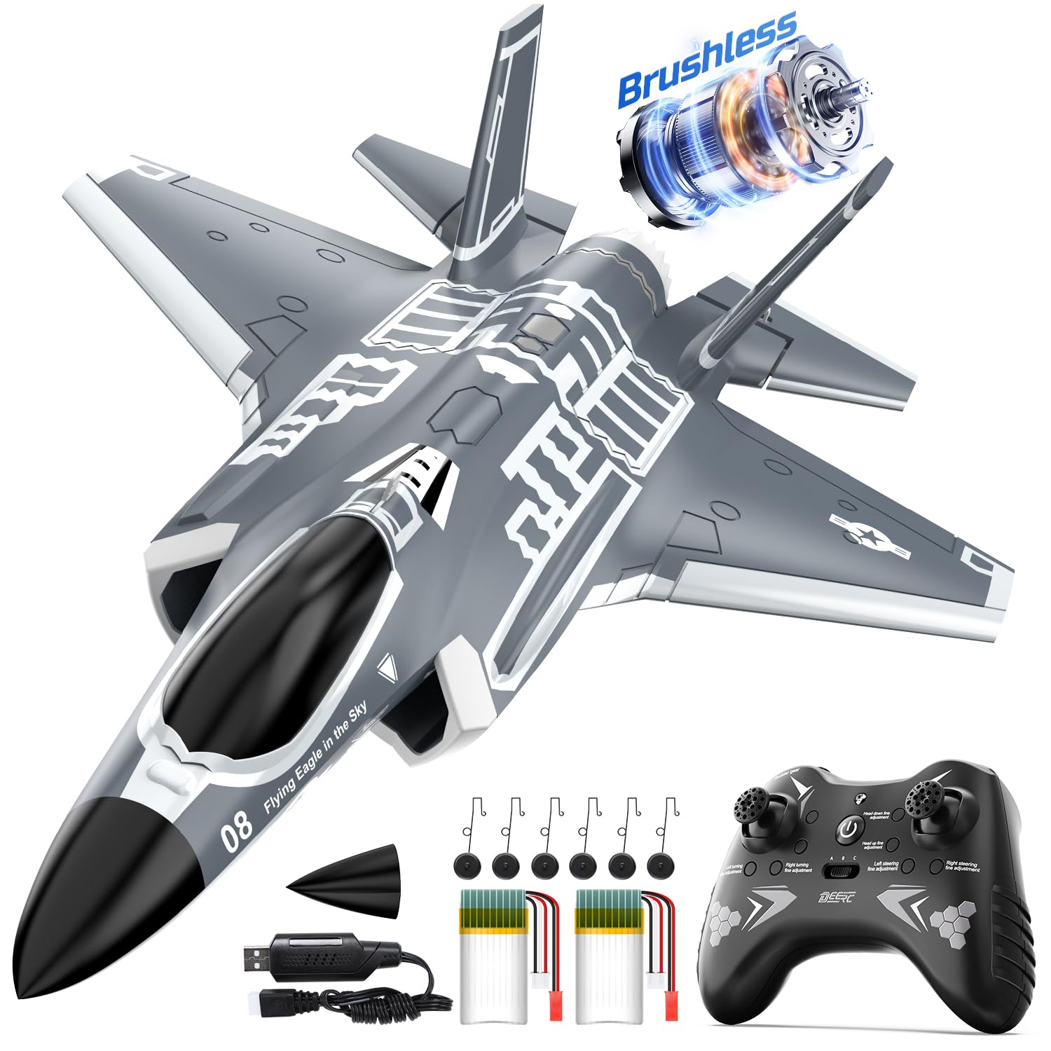 DEERC F35 4 Channel Brushless RC Plane for Adults - 2.4GHz Remote Control Airplane with 6-Axis Gyro Stabilizer, RTF Ducted Fan Fighter Jet - Easy to Fly Hobby Aircraft for Advanced Players | Outdoor Flying, Backyard Fun & RC Aviation Enthusiasts