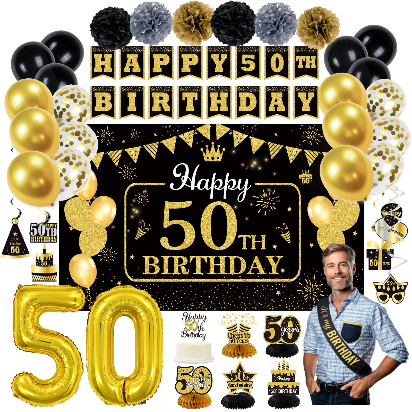 WOJOGO 50th Birthday Party Decorations Set - 40pc Black & Gold Happy 50th Banner, Cake Topper, Balloons, Sash, Centerpieces for Men & Women | Perfect for Milestone Birthday Celebrations, Retirement Parties & Anniversary Decor