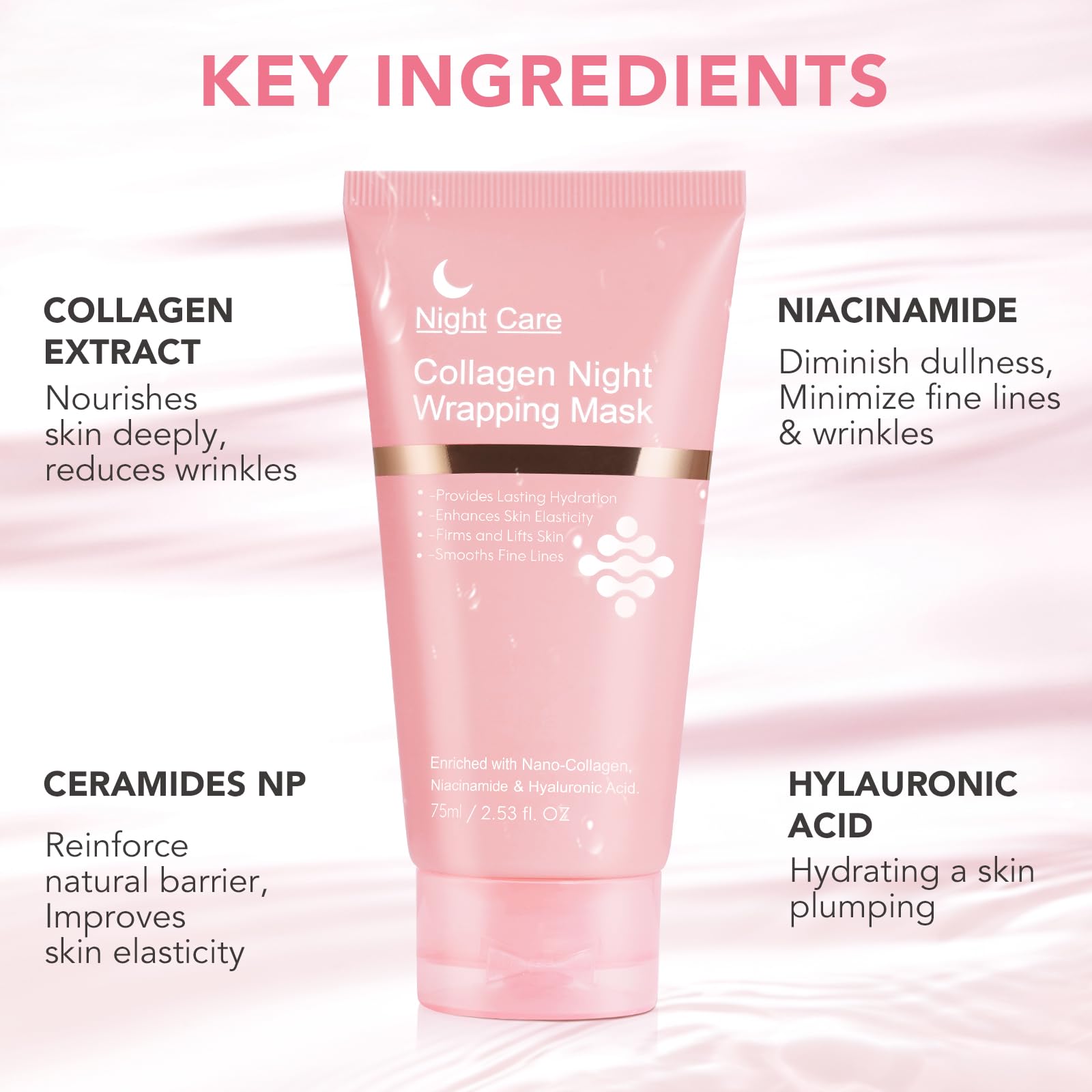 Collagen Night Wrapping Mask | Overnight Hydrating Peel Off Face Mask for Skin Firming & Elasticity Boost | 2.54 fl.oz with Brush Included | Perfect for Nighttime Skincare Routine & Anti-Aging Treatment