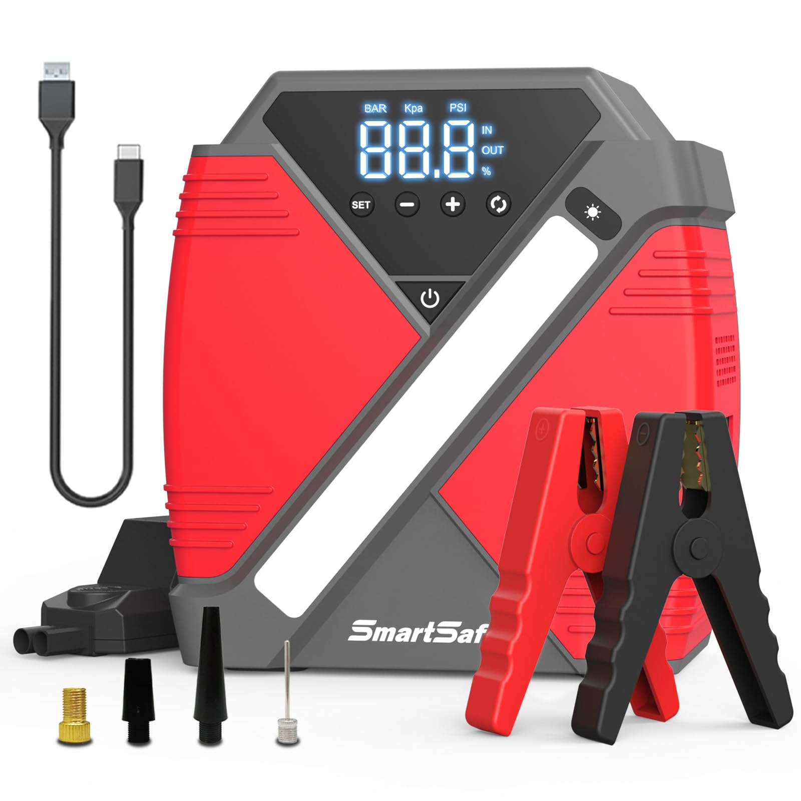 4000A Portable Car Jump Starter with Air Compressor - 24000mAh Battery Booster, 150PSI Tire Inflator with Digital Display, LED Light & QC3.0 Fast Charge (Red) - Emergency Roadside Assistance for Cars, Trucks, SUVs & Motorcycles