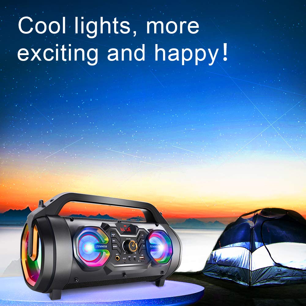 30W Bluetooth Speaker with Subwoofer, FM Radio, Colorful Lights, USB/AUX/TF Card/Mic Jack, Remote Control - Portable Wireless Boombox for Home, Party, Camping, Travel, and Outdoor Adventures