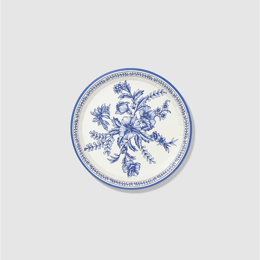 Blue French Toile Paper Party Plates - Elegant Floral Design Disposable Dinnerware for Wedding, Baby Shower & Bridal Shower Decorations - Perfect for Outdoor Picnics and Garden Parties