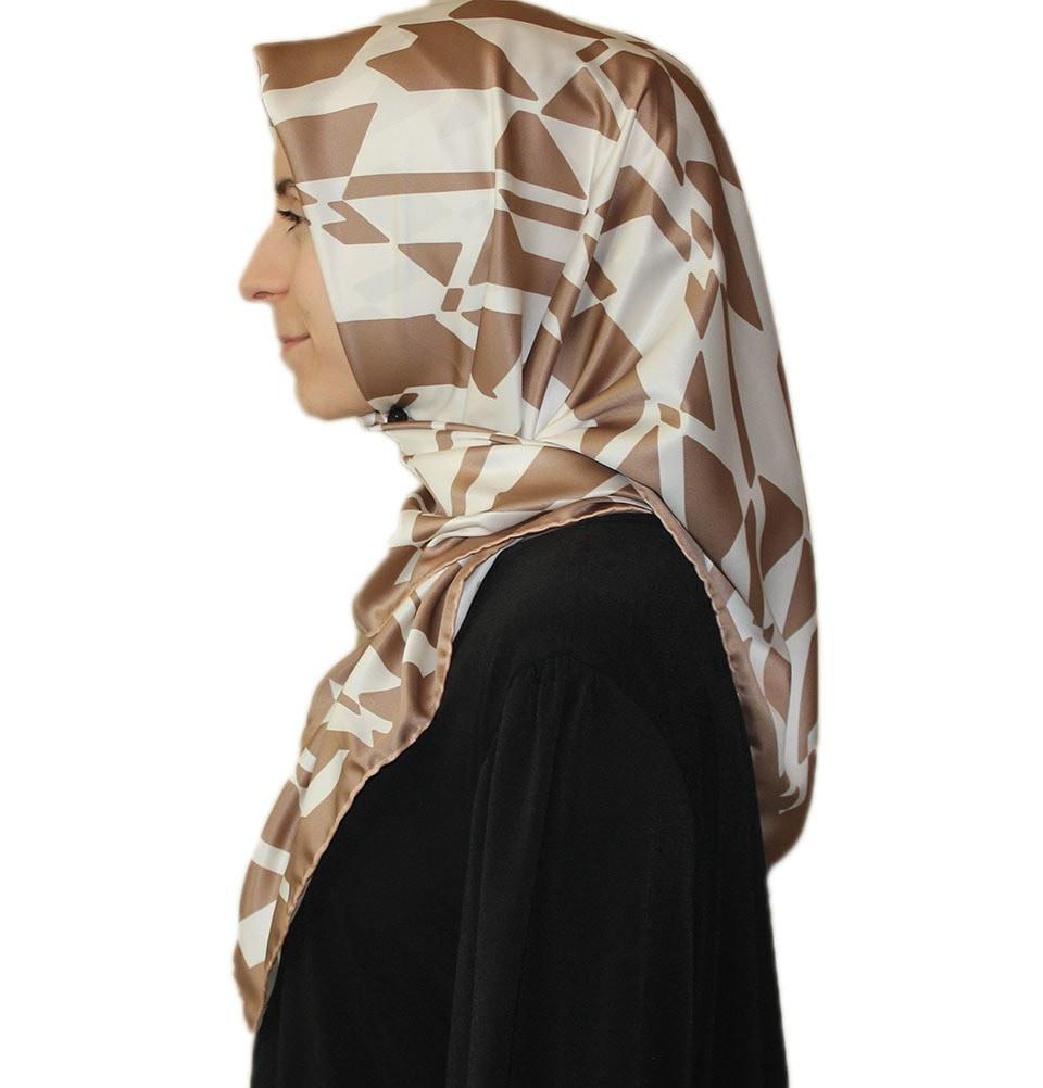 Aker Satin Square Hijab Scarf 6749 932 Beige/White - Soft Muslim Headscarf for Women, Breathable Fashion Hijab for Daily Wear, Prayer, Work & Special Occasions