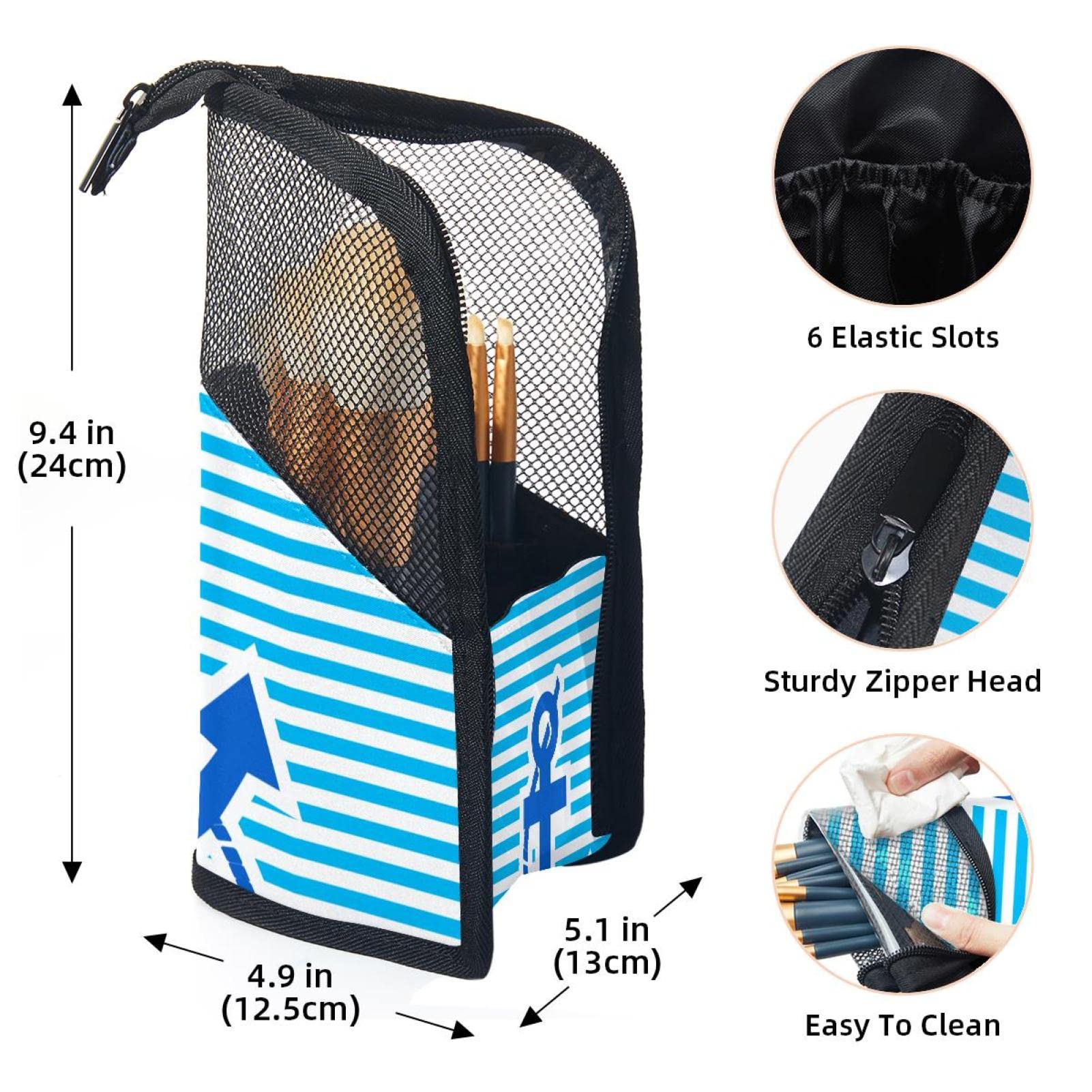 **12-Piece Makeup Brush Organizer Bag with Anchor Striped Design - Portable Waterproof Cosmetic Brush Holder Case for Travel & Home Storage (Bright Blue Marine)**