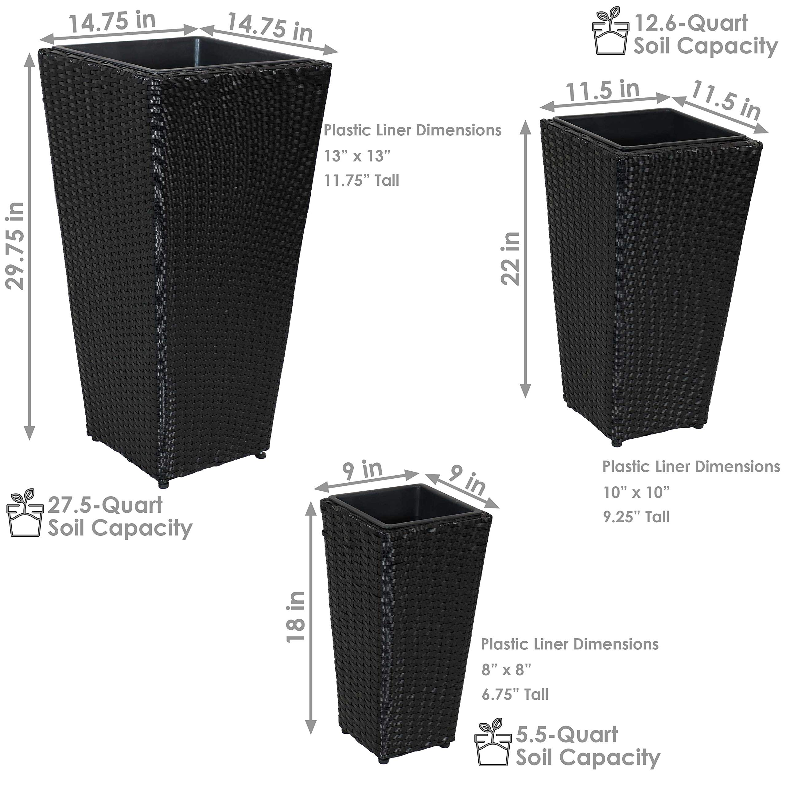 Black Polyrattan Planters with Handles - 3-Piece Set of 9