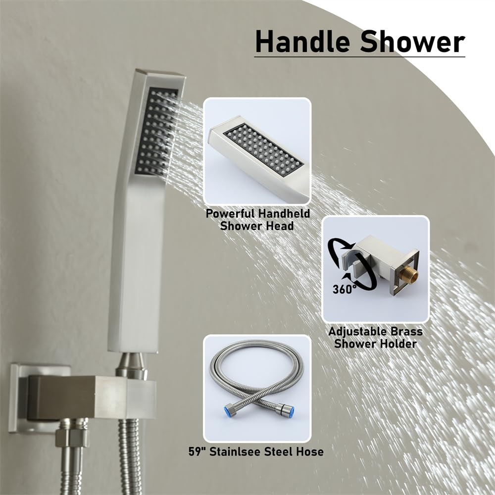 Premium 12 Inch Rainfall Shower System Set - High Pressure Matte Black Shower Head with Wall Mounted Faucet (3-Function, Brushed Nickel) for Luxury Bathroom & Spa Experience