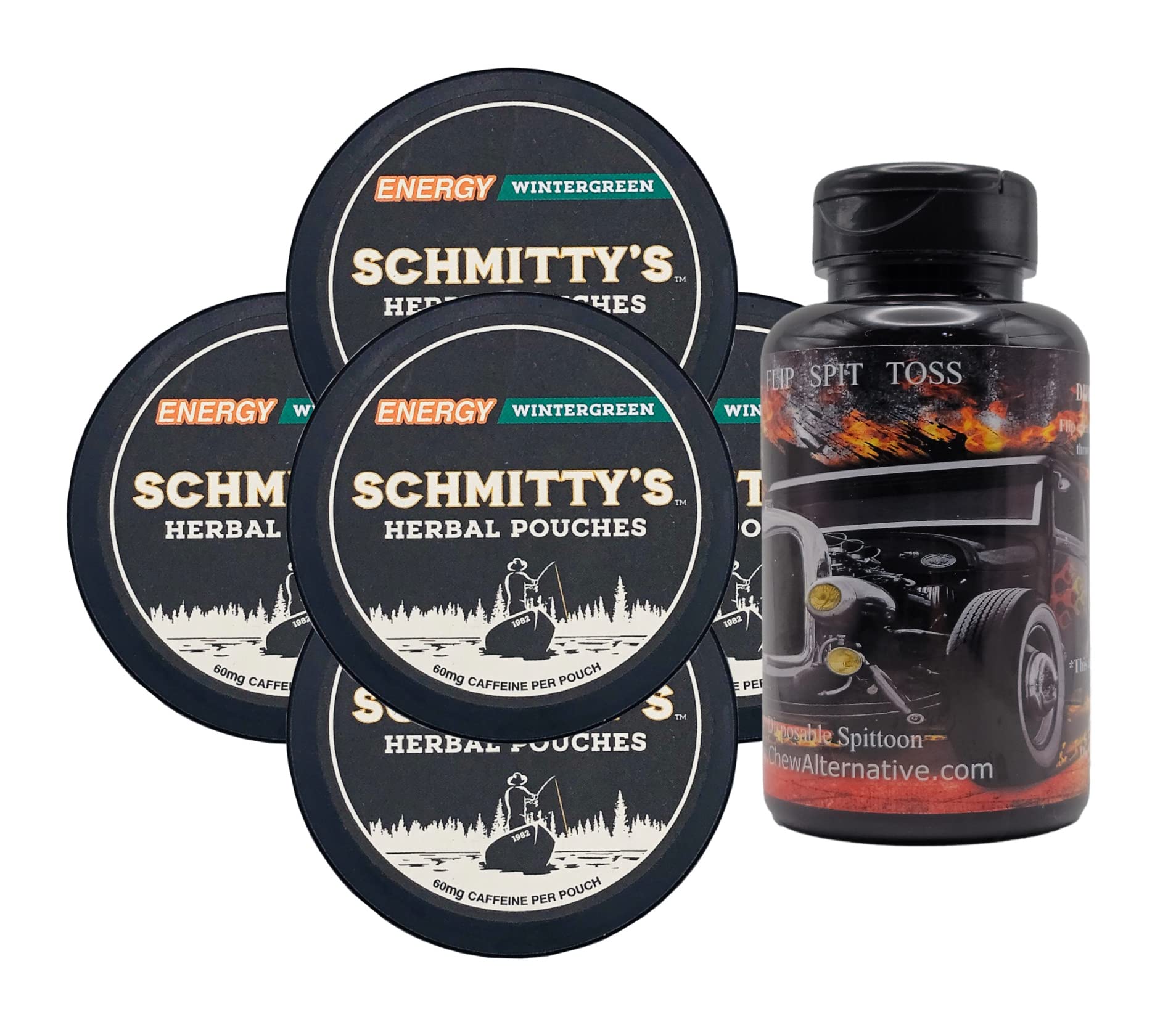 DC Crafts Nation Mud Bud Spittoon Hotrod with 5 Cans Schmitty's Herbal Snuff Wintergreen Energy Pouches - Perfect for Chewing Tobacco Enthusiasts & Outdoor Activities