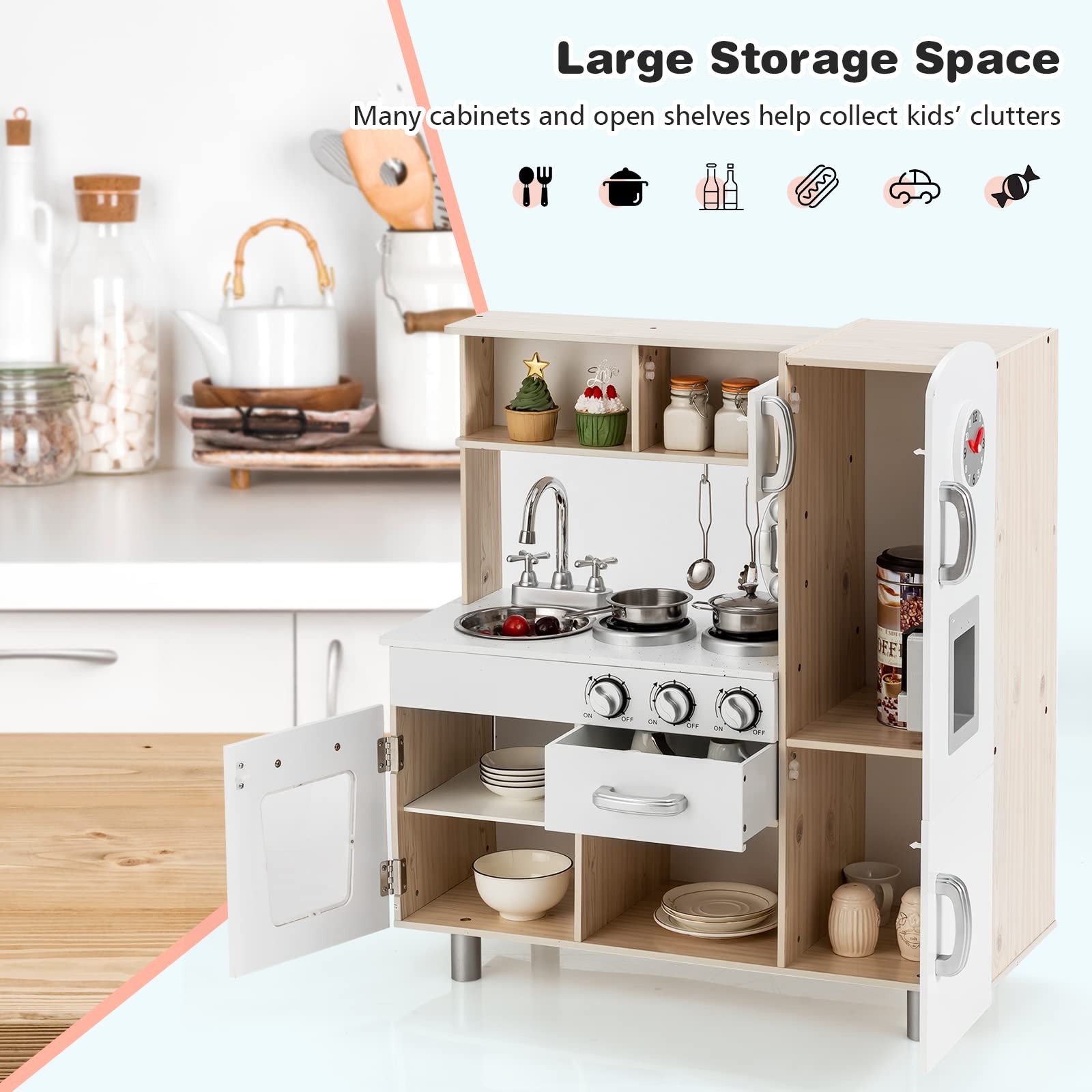 OLAKIDS Wooden Play Kitchen Set for Toddlers - Pretend Play Toy with Lights, Sounds, Water Dispenser, Fridge & Microwave - Educational Cooking Gift for Boys & Girls - Perfect for Home, Preschool & Daycare Role Play Activities