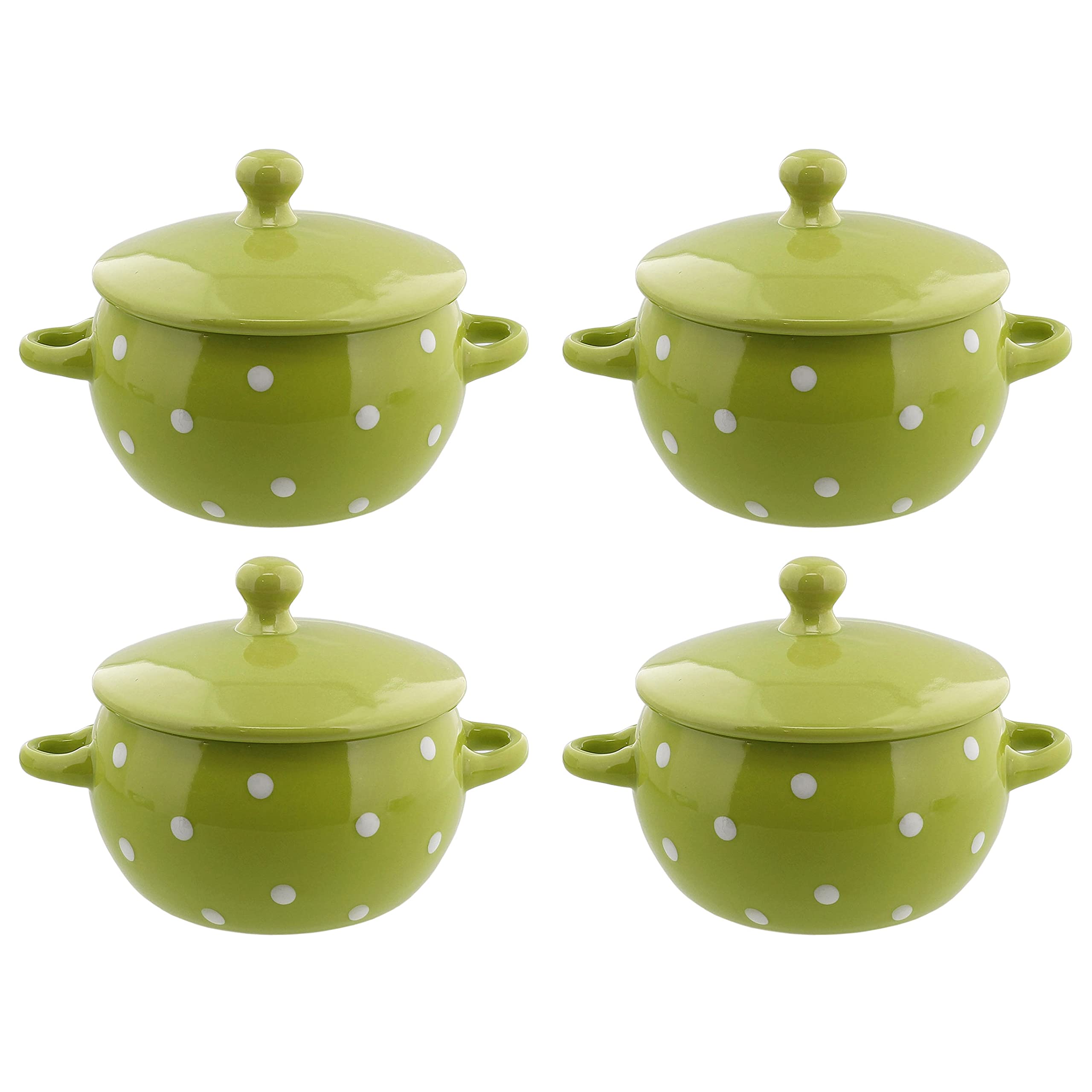 12 oz Green Polka Dot Ceramic Soup Bowls with Lids & Handles - Set of 4, Microwave & Dishwasher Safe, Perfect for Soup, Salad, Cereal & Meal Prep