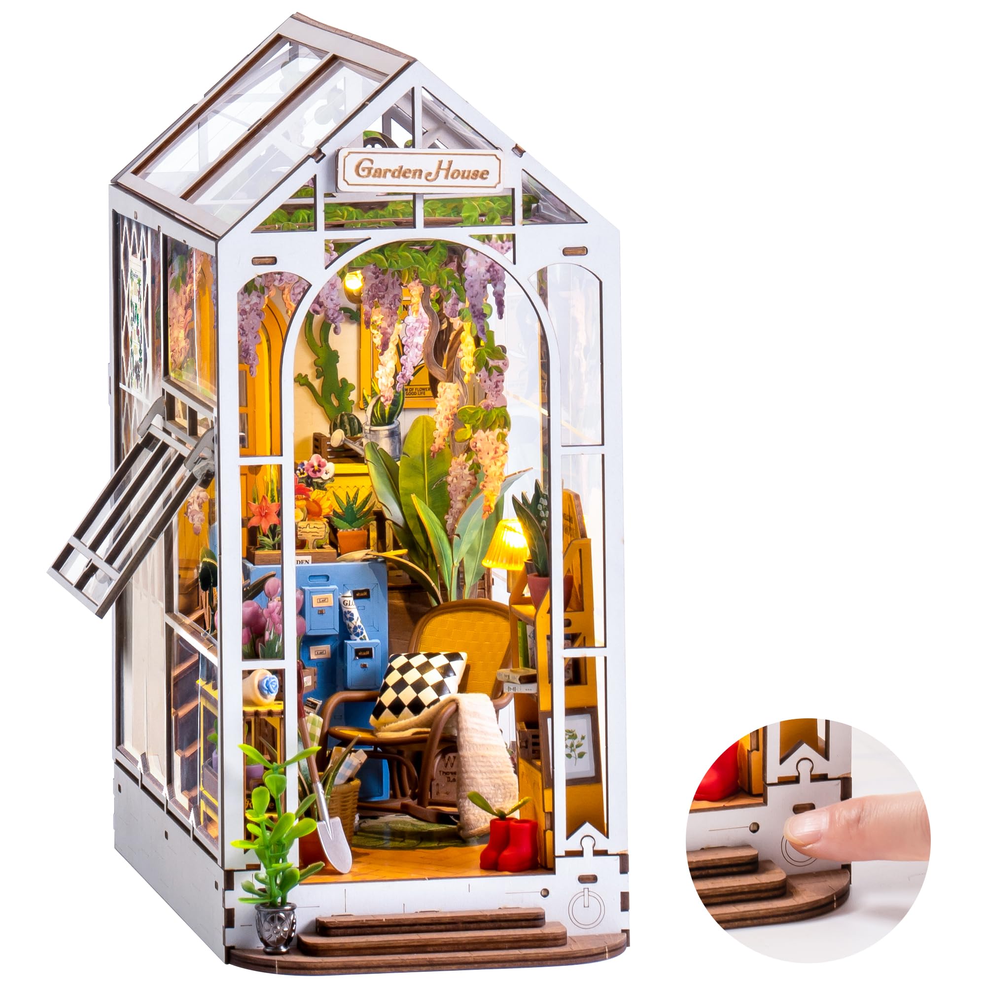 ROBOTIME DIY 3D Wooden Book Nook Kit - Miniature Garden House Model with LED Lights, Creative Bookshelf Insert & Bookend Decor | Perfect for Home Office, Library Display, and Unique Gift for Puzzle Lovers