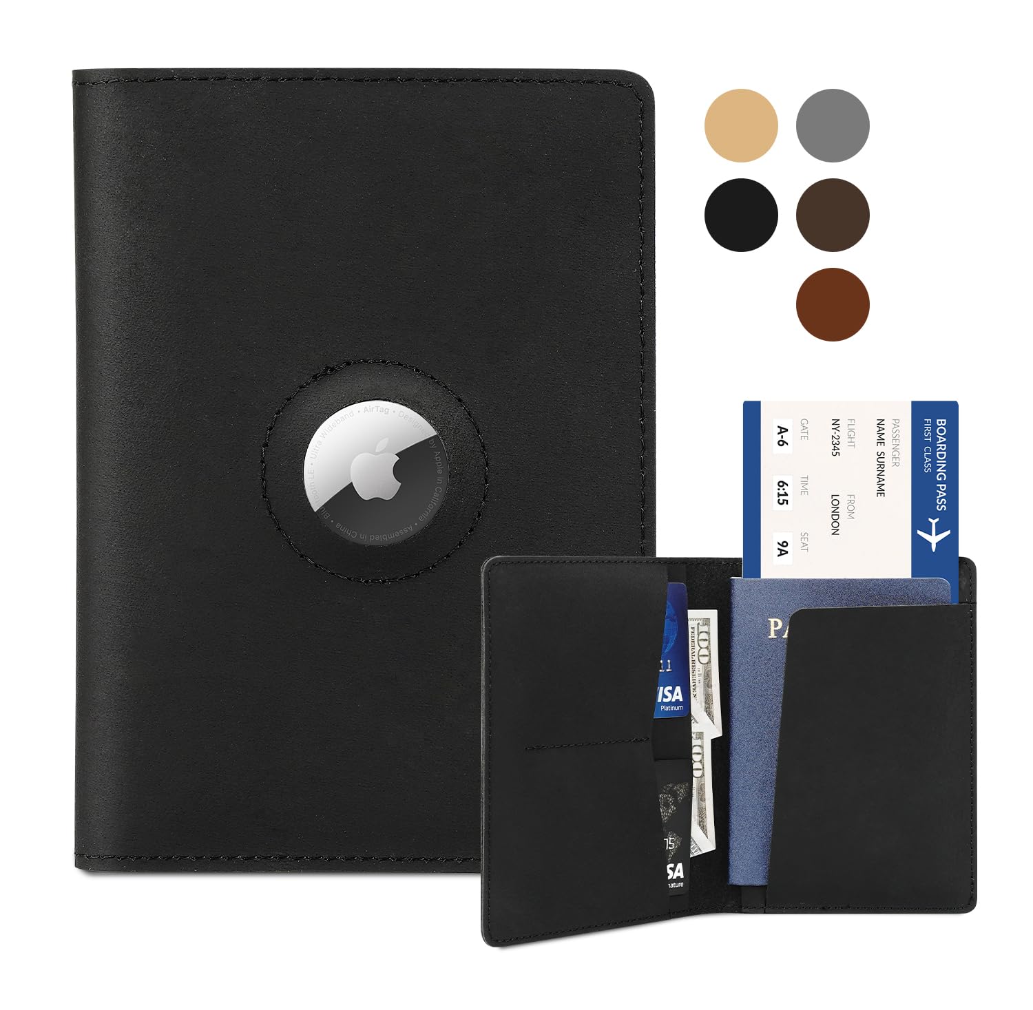 Premium Genuine Leather Passport Holder with AirTag Slot - Handmade Travel Wallet for Men & Women - RFID Blocking, Secure & Stylish Passport Cover - Perfect for International Travel, Business Trips & Gifts (Crazy Horse, Black)