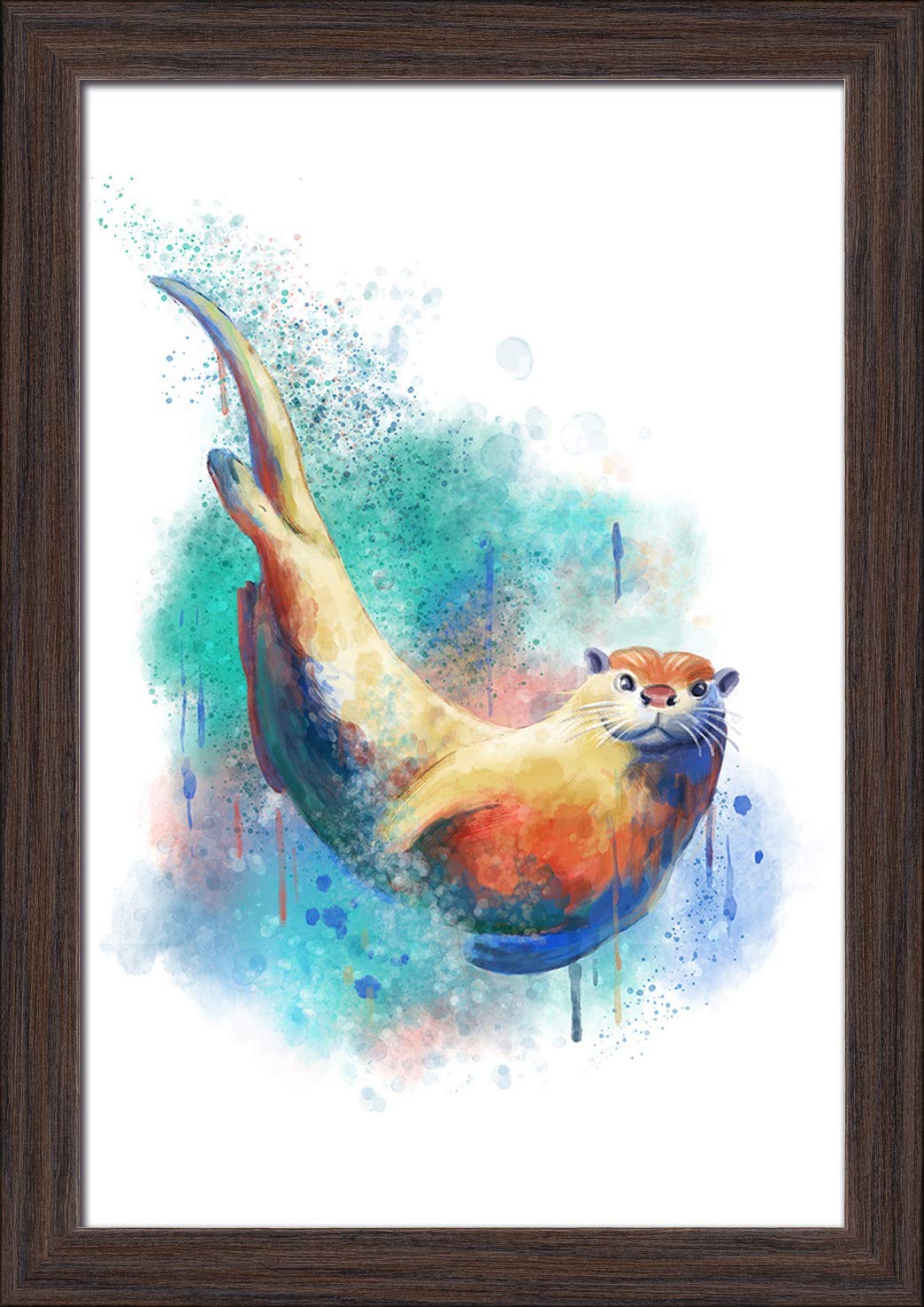 River Otter Watercolor Art Print - 12x18 Giclee Fine Art on Recycled Wood Frame in Espresso Brown - Perfect for Nature Lovers' Home & Office Decor