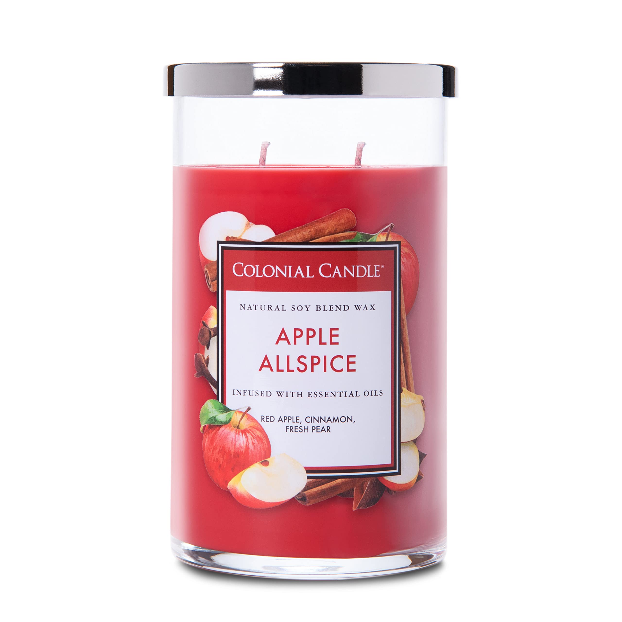 Colonial Candle Apple Allspice Scented Jar Candle - Classic Cylinders Collection, 2-Wick, 19oz Red Candle (120 Hours Burn Time) - Perfect for Home Decor, Relaxation & Holiday Gifts