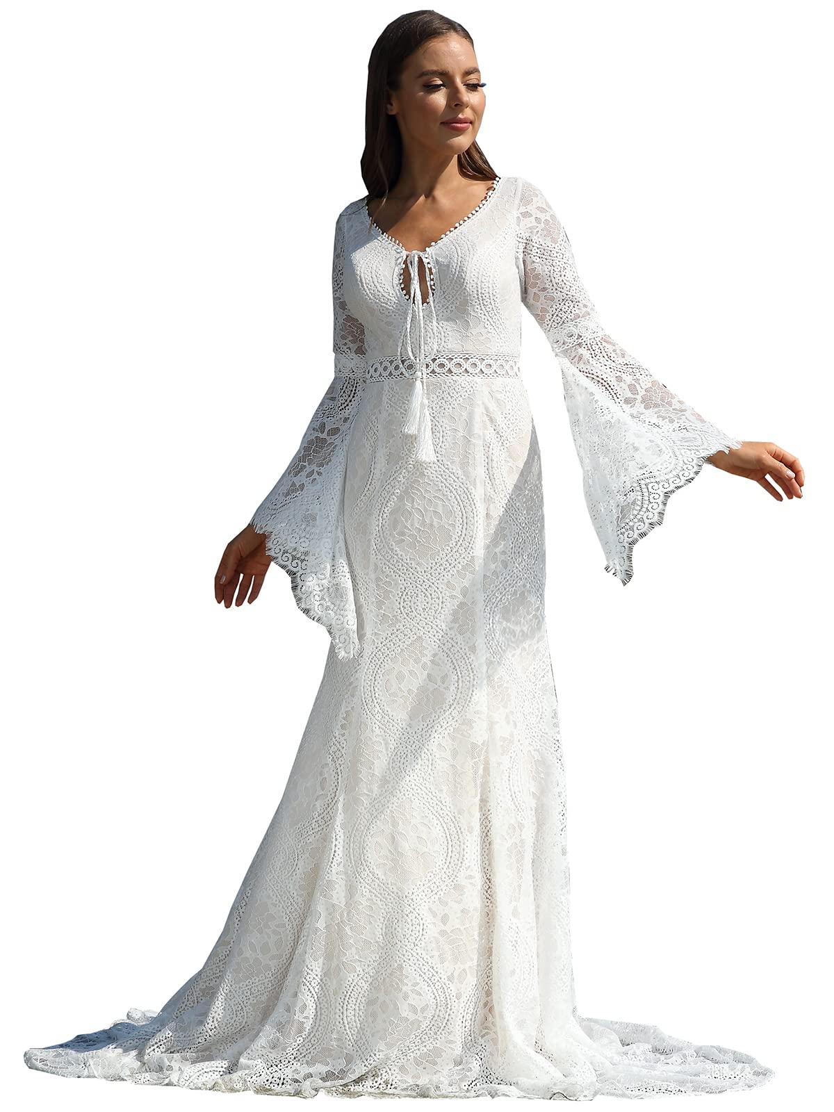YMFFW 2025 Boho Lace Wedding Dress - Long Sleeve Sweetheart Mermaid Gown for Bride, Beach & Destination Weddings | Elegant Lace Bridal Gown for Outdoor, Garden & Seaside Ceremonies