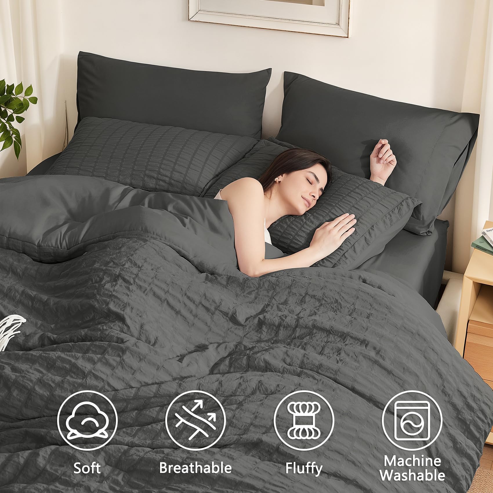 SunStyle Home King Size Comforter Set - 7 Piece Seersucker Bed in a Bag with Flat Sheet, Fitted Sheet, Pillowcases & Sham | All Season Lightweight Bedding for Comfortable Sleep | Dark Grey Luxury Bed Set for Master Bedroom, Guest Room & Dorm