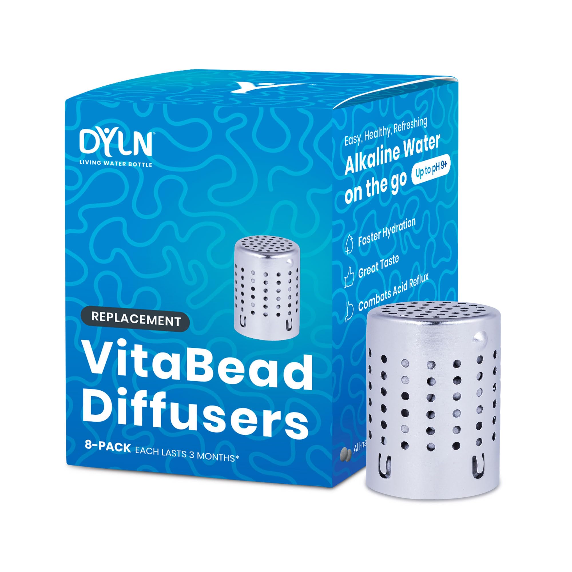 DYLN VitaBead Diffuser - 8 Pack Alkaline Water Bottle Replacement | pH 9+ Hydrogen-Rich Mineral Ionizer for Antioxidant Infused Water | Perfect for Hydration, Sports, Travel & Healthy Lifestyle