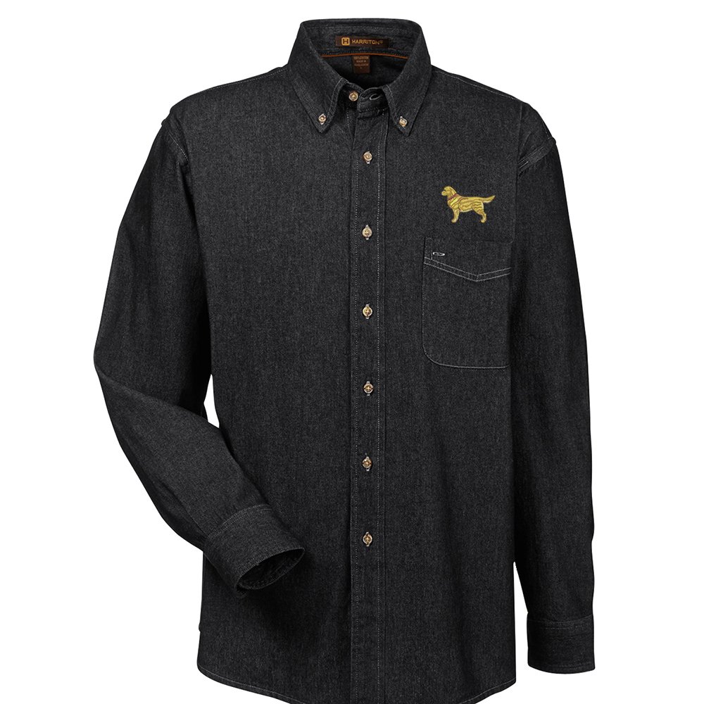 Golden Retriever Embroidered Men's 100% Cotton Denim Shirt - Casual Button Down Shirt for Dog Lovers, Perfect for Outdoor Activities & Daily Wear
