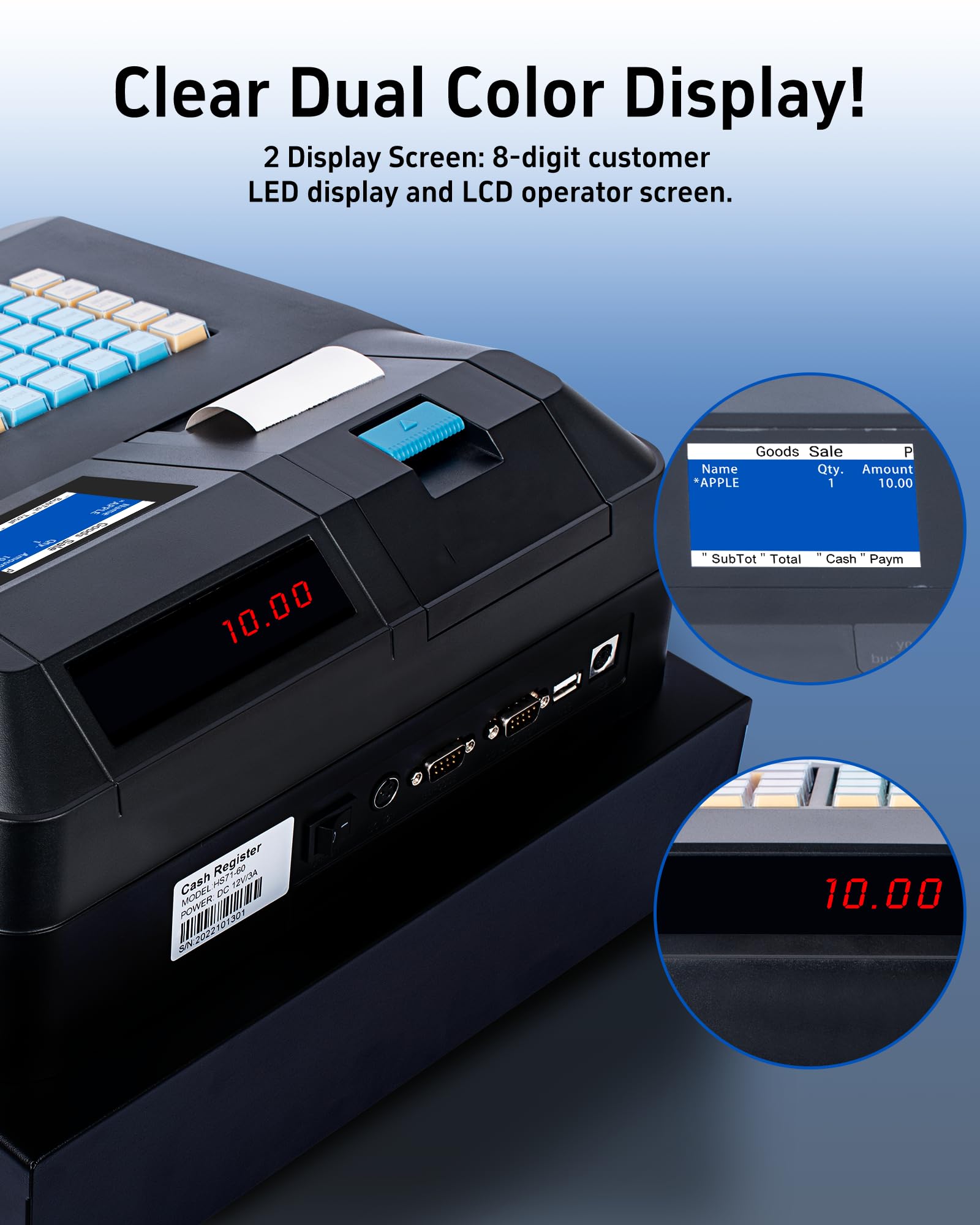 Perfiware Electronic Cash Register for Small Business - Dual Display, Auto Receipt Printer, Cash Drawer & Barcode Scanner - Oil-Proof Keyboard for Retail Stores, Restaurants, Malls & Shops (Perfect for Quick Checkout & Inventory Management)