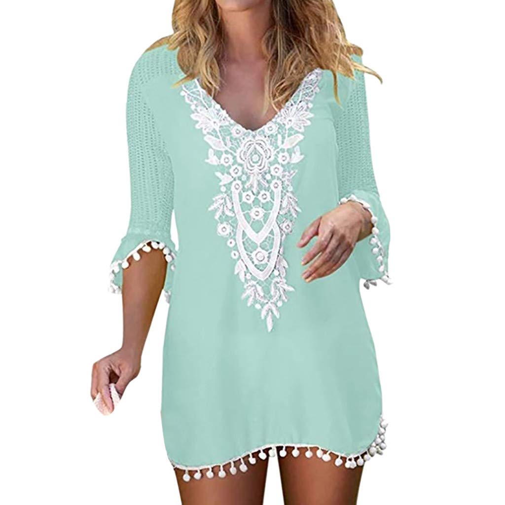 ASOMEW Women's Crochet Beach Cover Up with Pom Pom Trim & Tassel Lace - Boho Swimwear Tunic V-Neck Cover Up for Pool, Beach Vacation & Summer Outfits