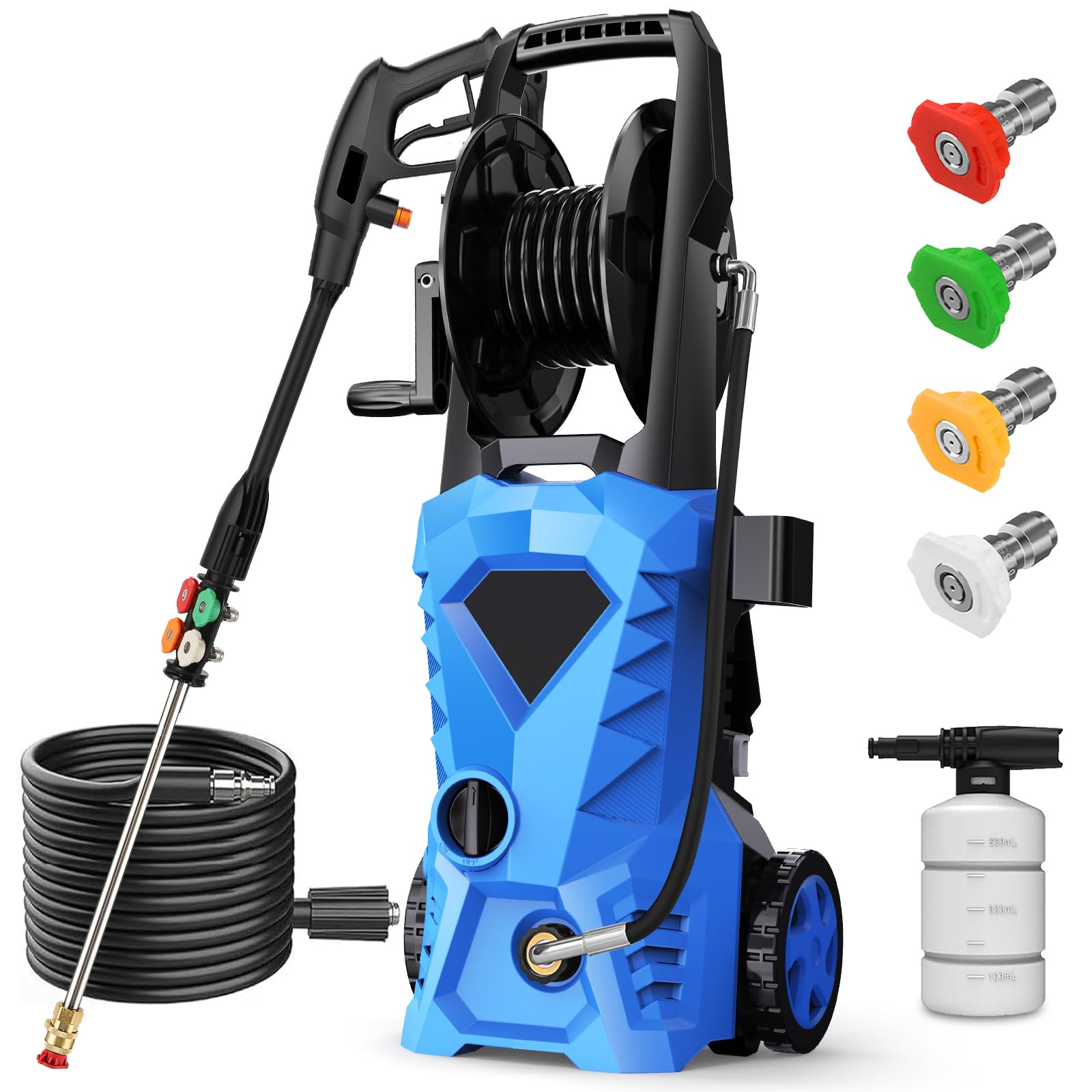 5000PSI Electric Pressure Washer - 2025 Upgraded Electric Power Washer with 33ft Hose Reel, Foam Cannon & 4 Nozzles - Ideal for House Cleaning, Patio Washing, Car Detailing & Fence Maintenance (Blue)