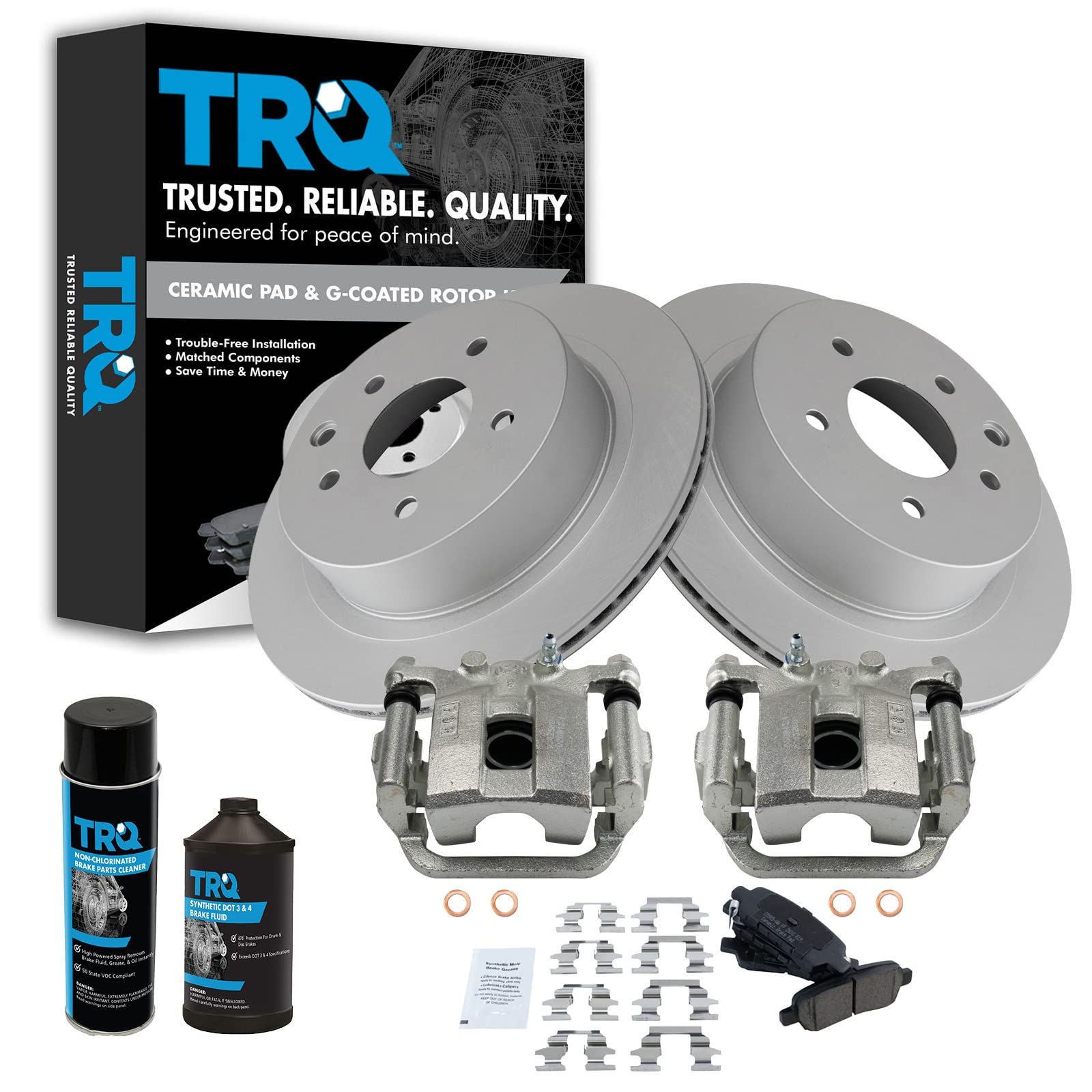 Premium TRQ Rear Brake Pad & Rotor Kit with Caliper & Chemical Kit - Ceramic G-Coated Brake Pads & Rotors for 2008-2013 Nissan Rogue & 2014-2015 Rogue Select - Perfect for City Driving, Highway Commuting & Mountain Road Safety