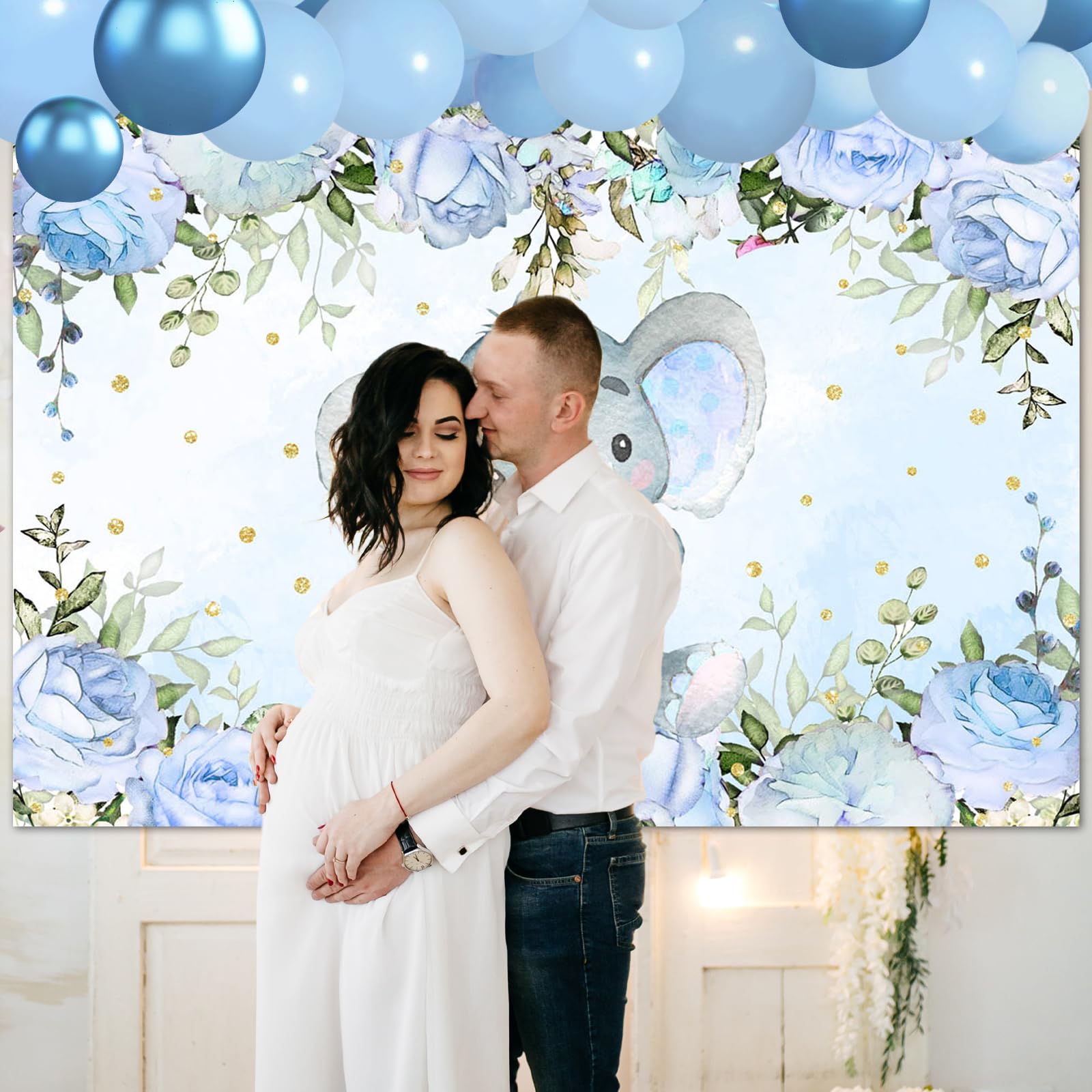 Blue Floral Elephant Baby Shower Backdrop - Avezano 7x5ft Party Decoration Banner for Elephant-Themed Nursery, Birthday & Gender Reveal Celebrations