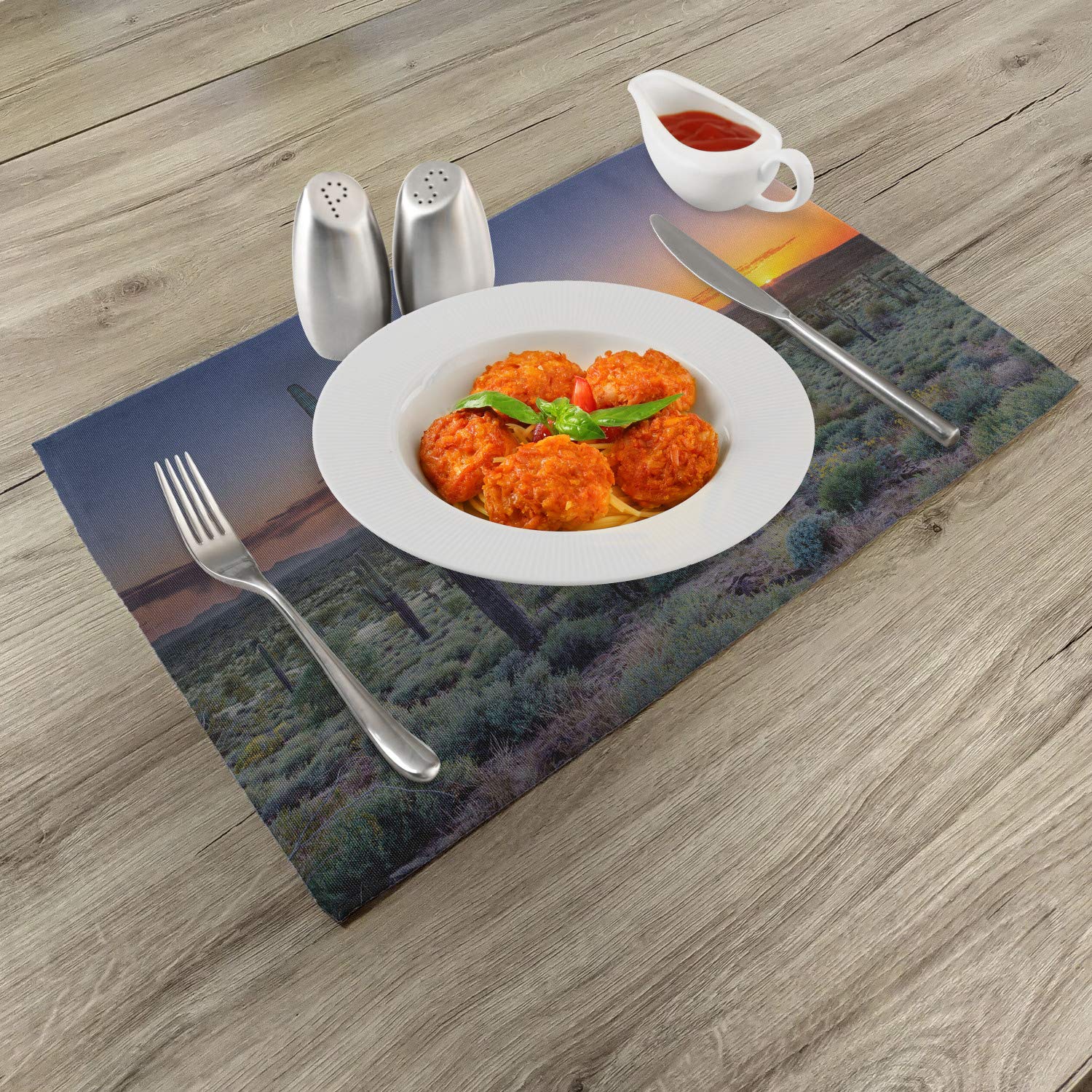 Lunarable Saguaro Cactus Place Mats Set of 4 - Arizona Sunset Phoenix Valley Mountain State Park Design - Washable Fabric Table Mats for Dining Room & Kitchen Decor in Night Blue, Sage Green & Orange - Perfect for Southwestern Style Home Decor, Dinner Parties & Holiday Gatherings