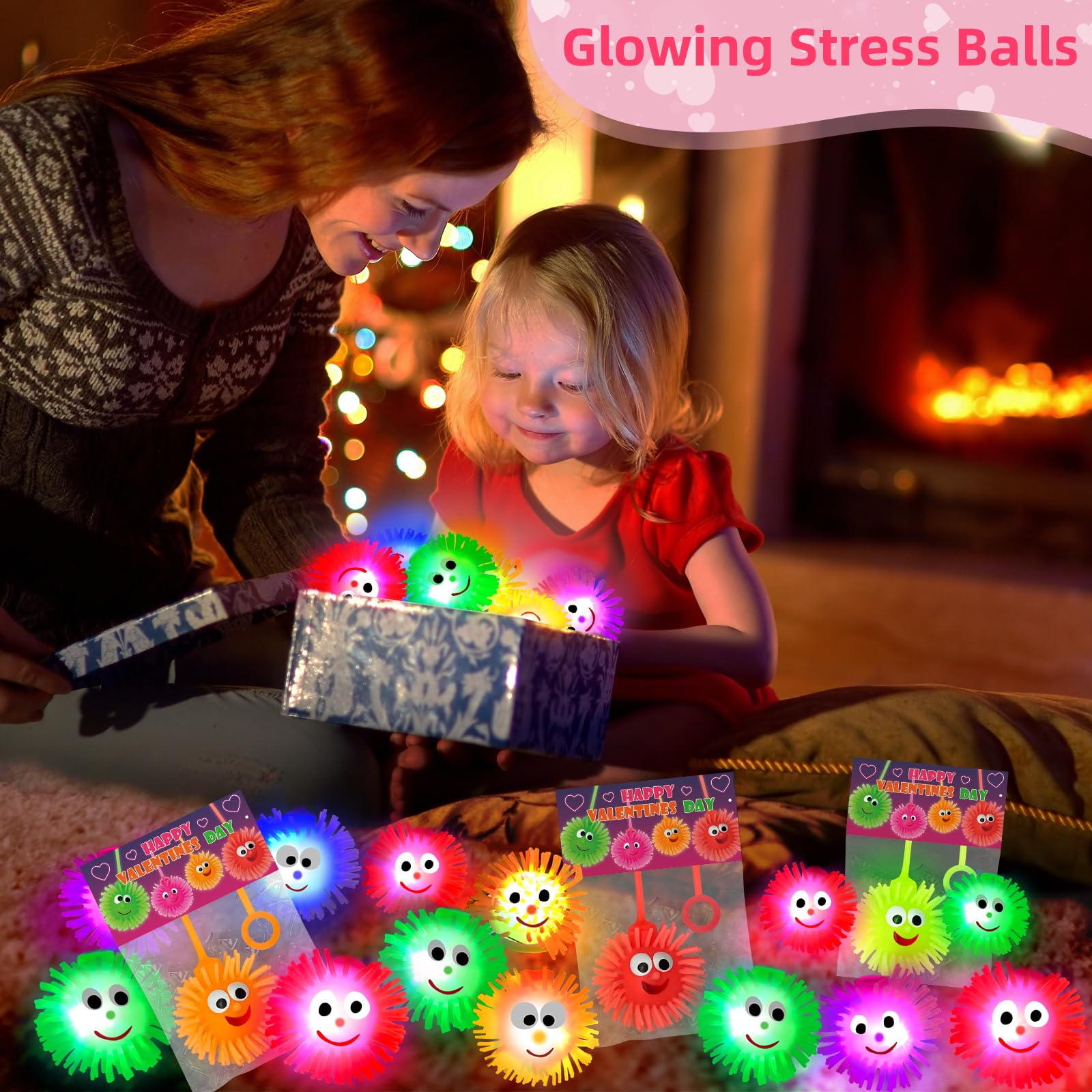 24 Pack Valentine's Day Gifts for Kids - Prefilled Cards with Fidget Toys, Flashing Light Puffer Balls | Bulk Party Favors for Classroom Exchange, Birthday Prizes | Perfect for School Celebrations, Holiday Gifts & Kids' Party Activities